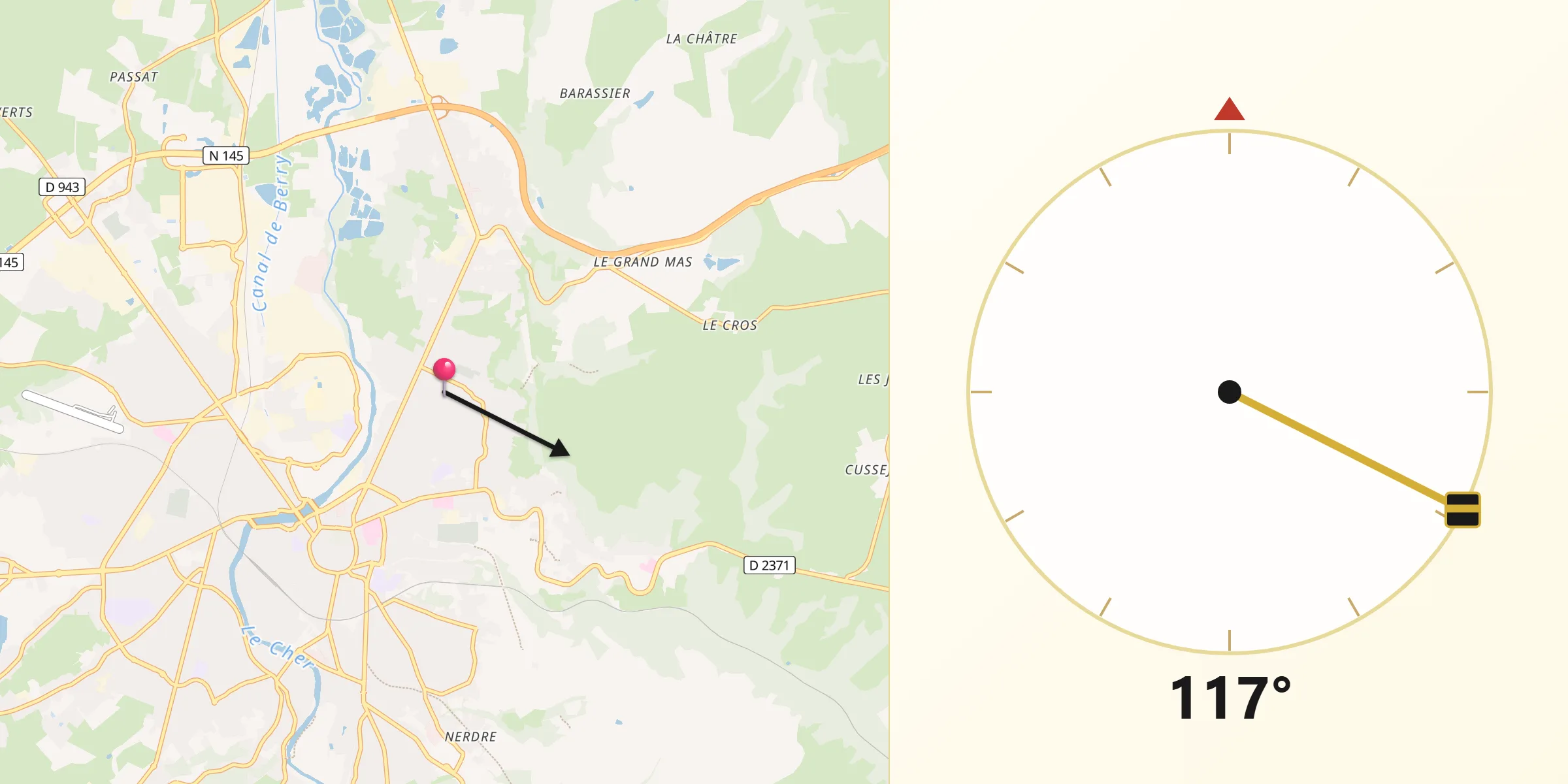Direction vers la Qibla depuis Désertines