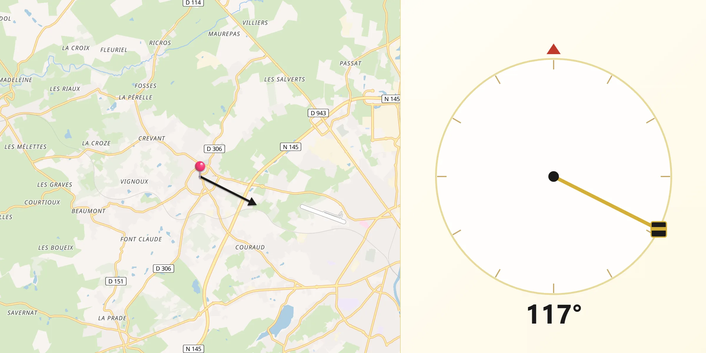Direction vers la Qibla depuis Domérat