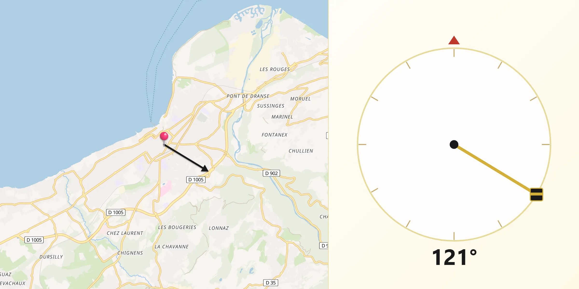 Direction vers la Qibla depuis Thonon-les-Bains