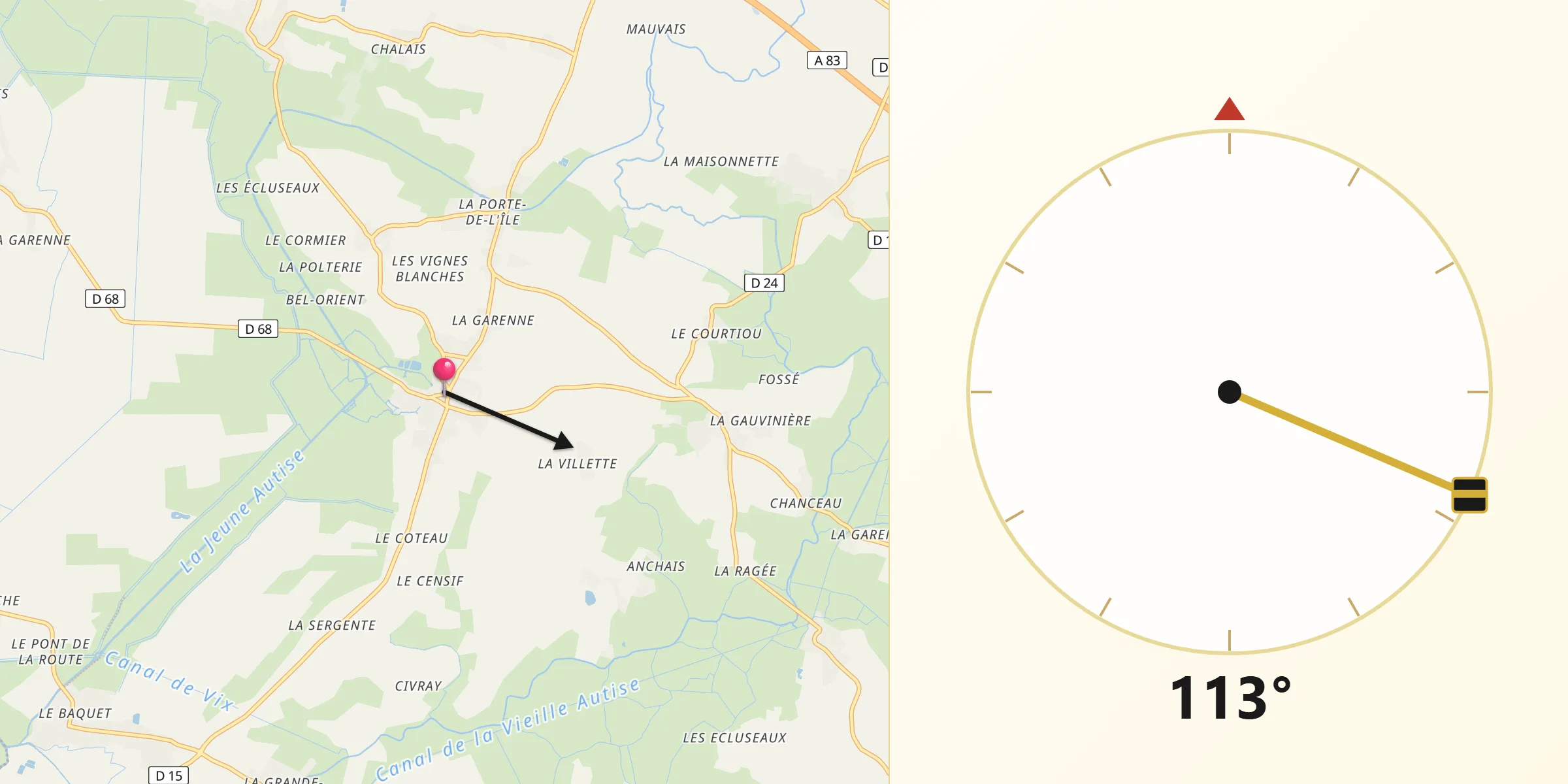 Direction vers la Qibla depuis Maillezais
