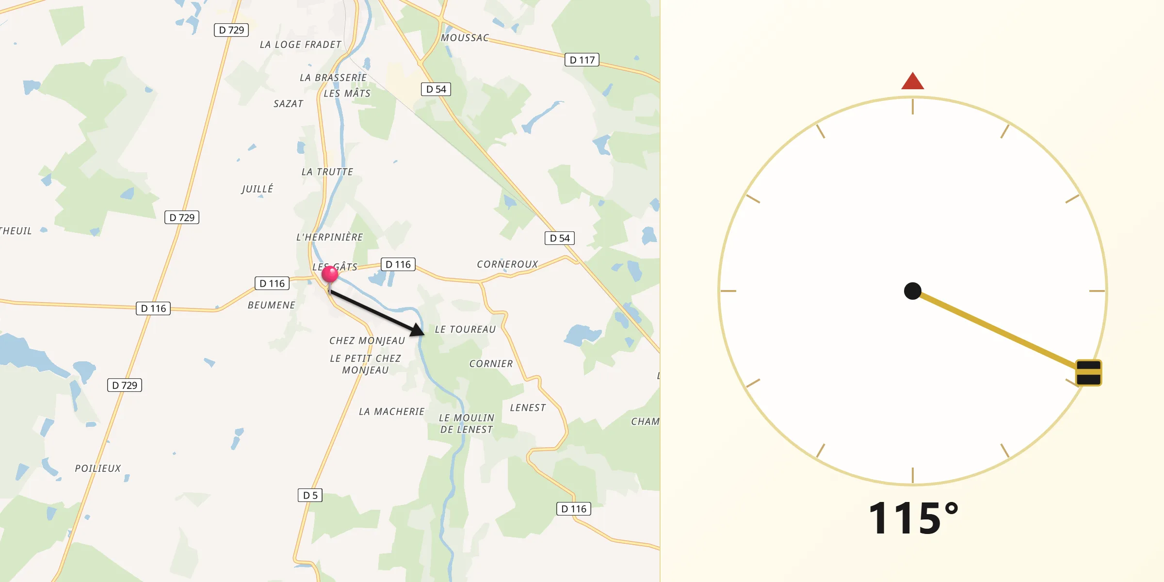 Direction vers la Qibla depuis Saulgé