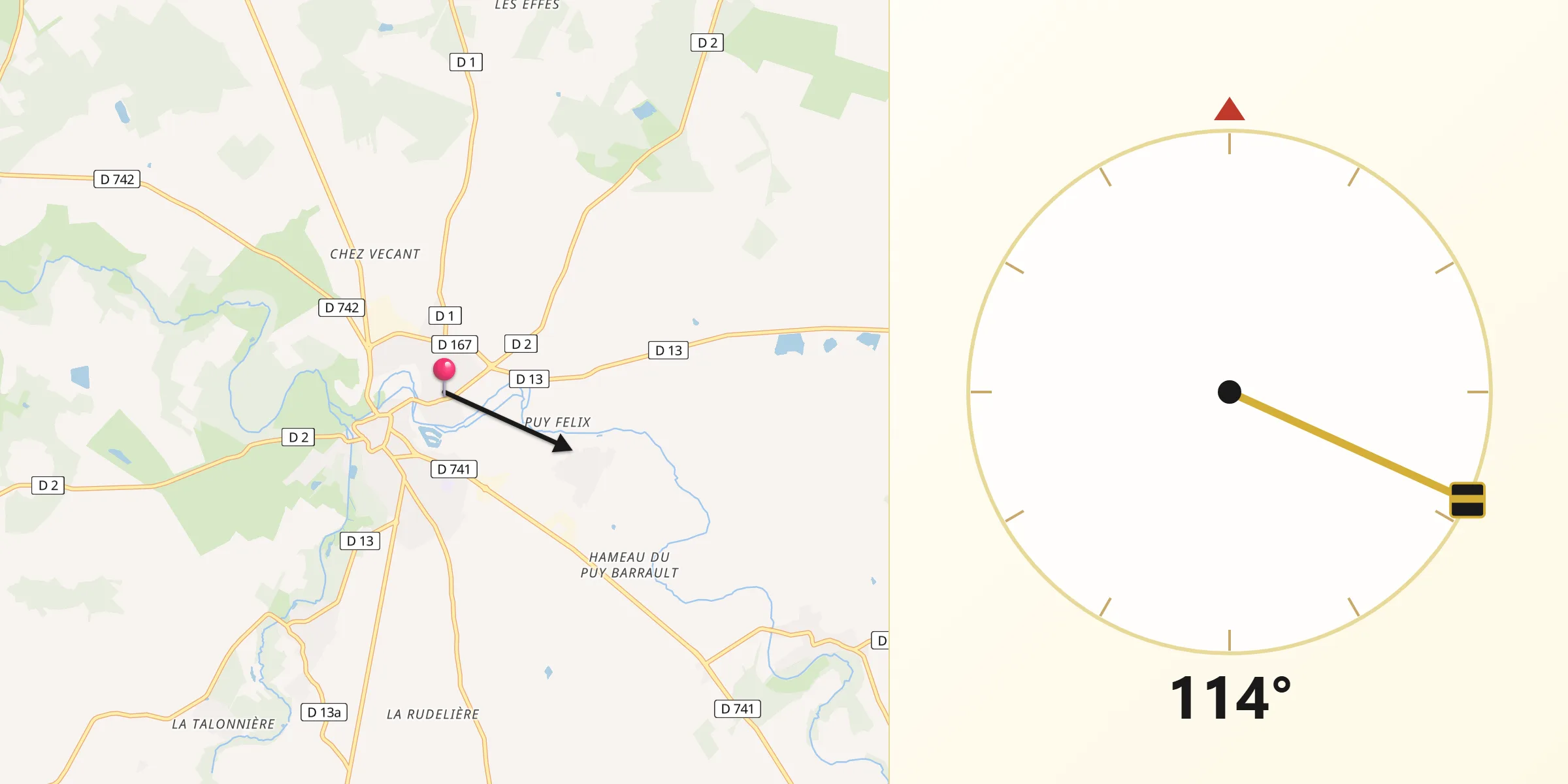 Direction vers la Qibla depuis Saint-Maurice-la-Clouère