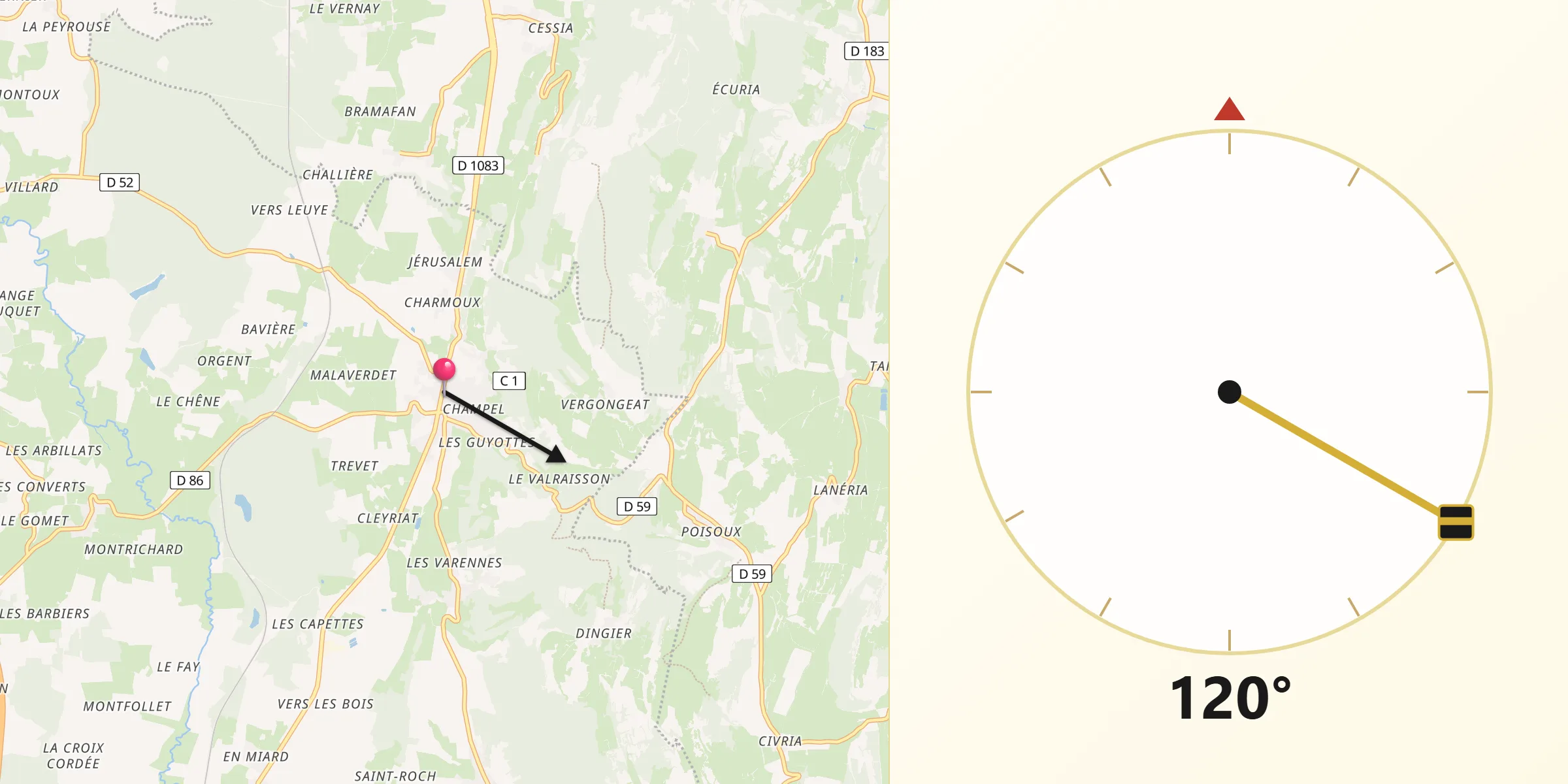 Direction vers la Qibla depuis Coligny