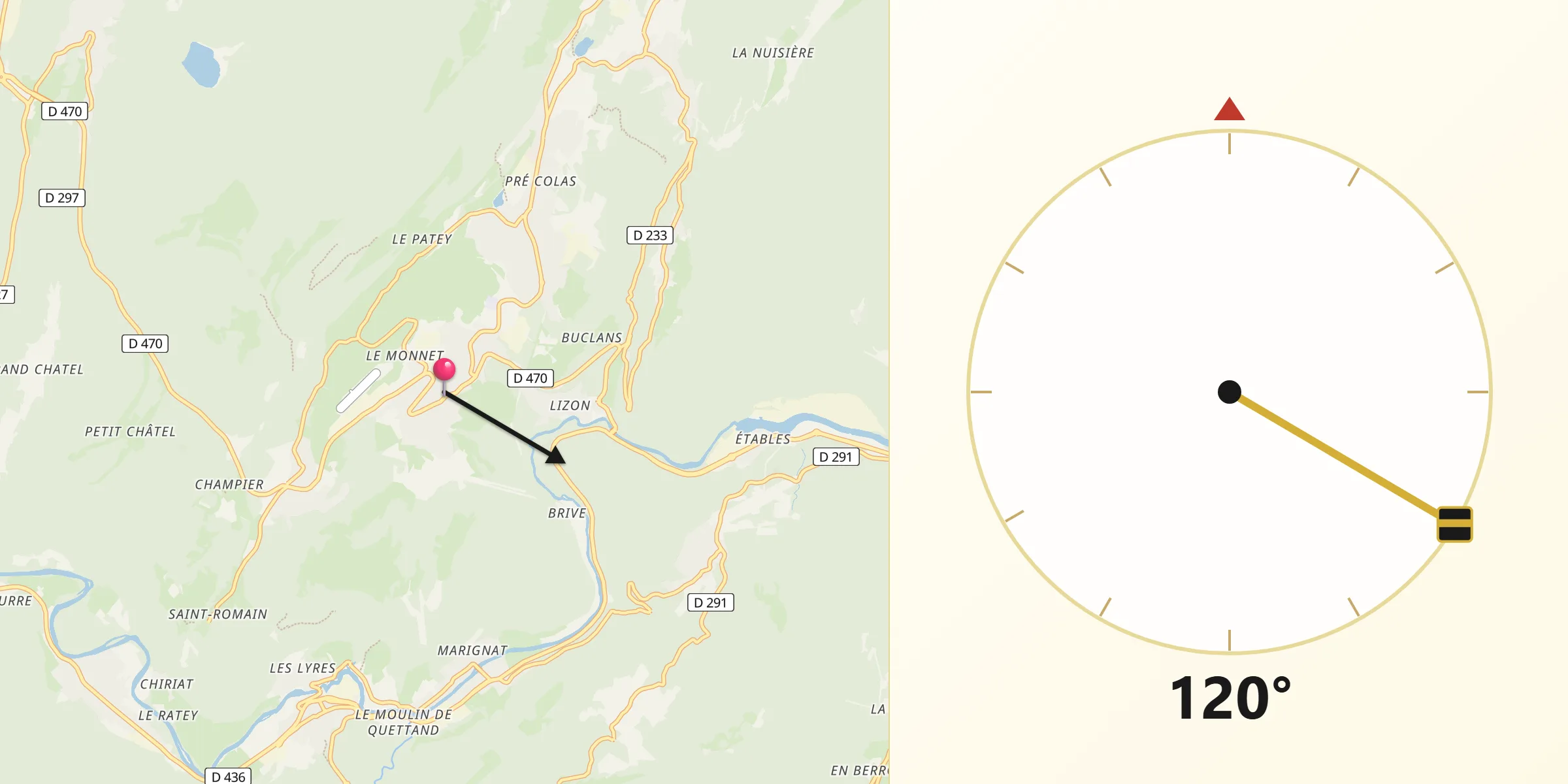 Direction vers la Qibla depuis Lavans-lès-Saint-Claude