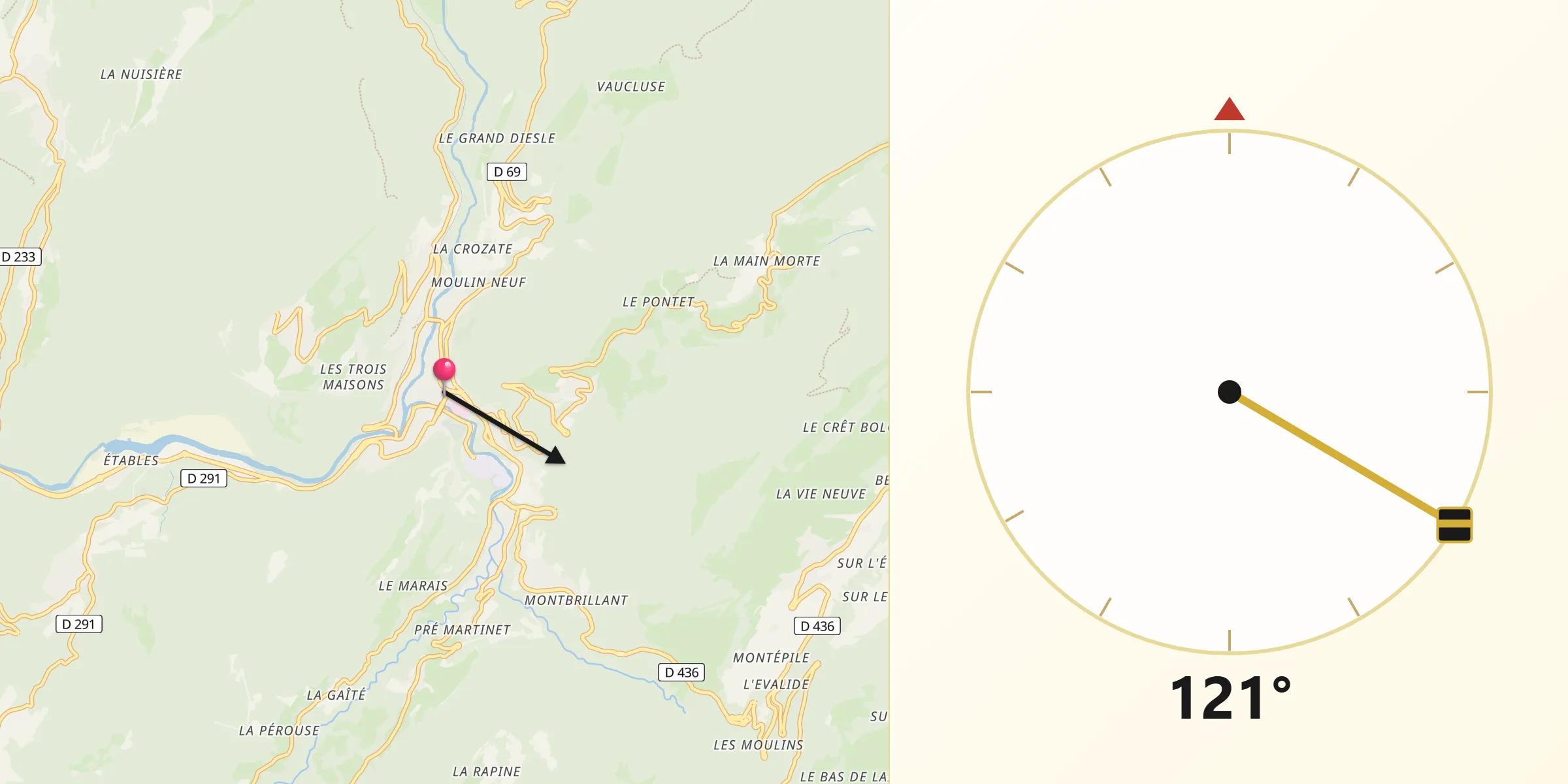 Direction vers la Qibla depuis Saint-Claude