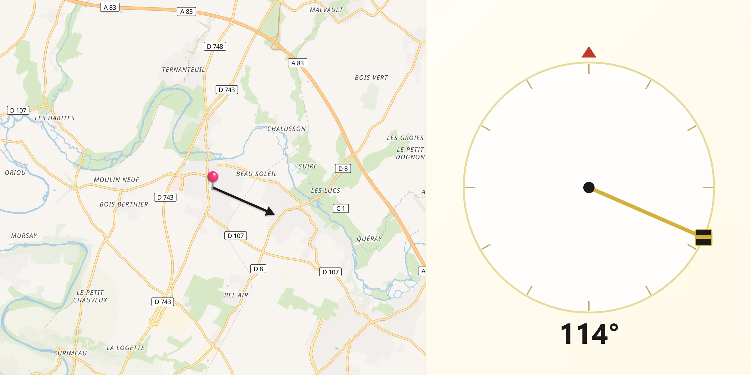 Direction vers la Qibla depuis Échiré