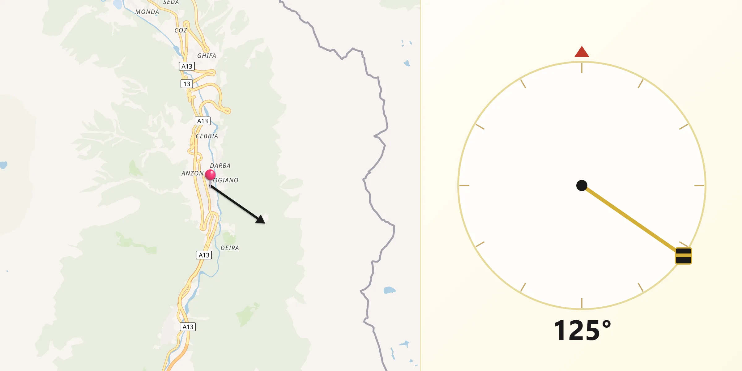 Direction vers la Qibla depuis Mesocco