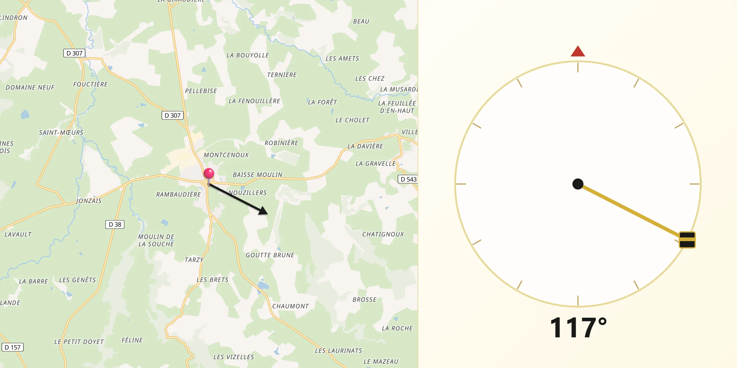 Direction vers la Qibla depuis Villefranche-d’Allier