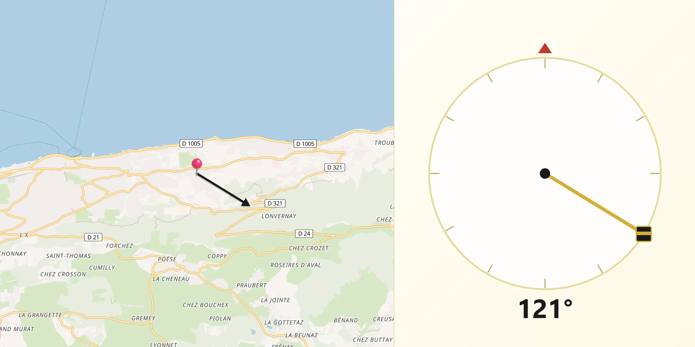 Direction vers la Qibla depuis Maxilly-sur-Léman