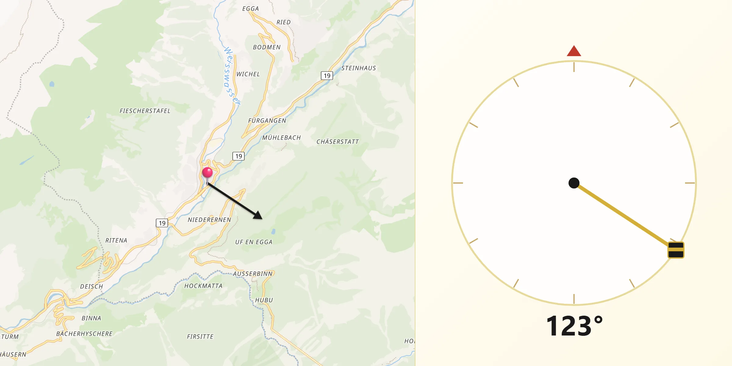 Direction vers la Qibla depuis Fiesch