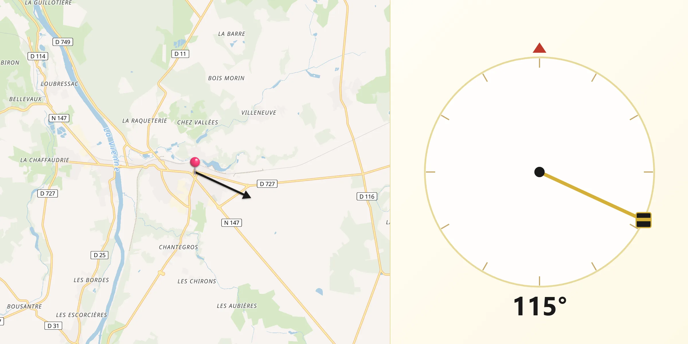 Direction vers la Qibla depuis Lussac-les-Châteaux
