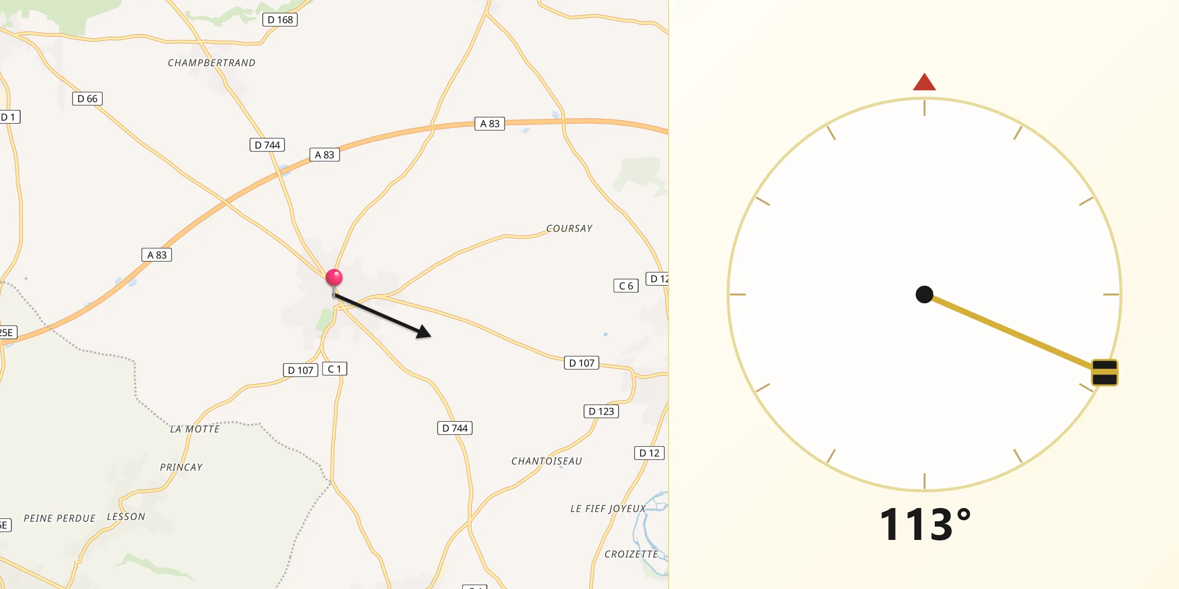 Direction vers la Qibla depuis Villiers-en-Plaine