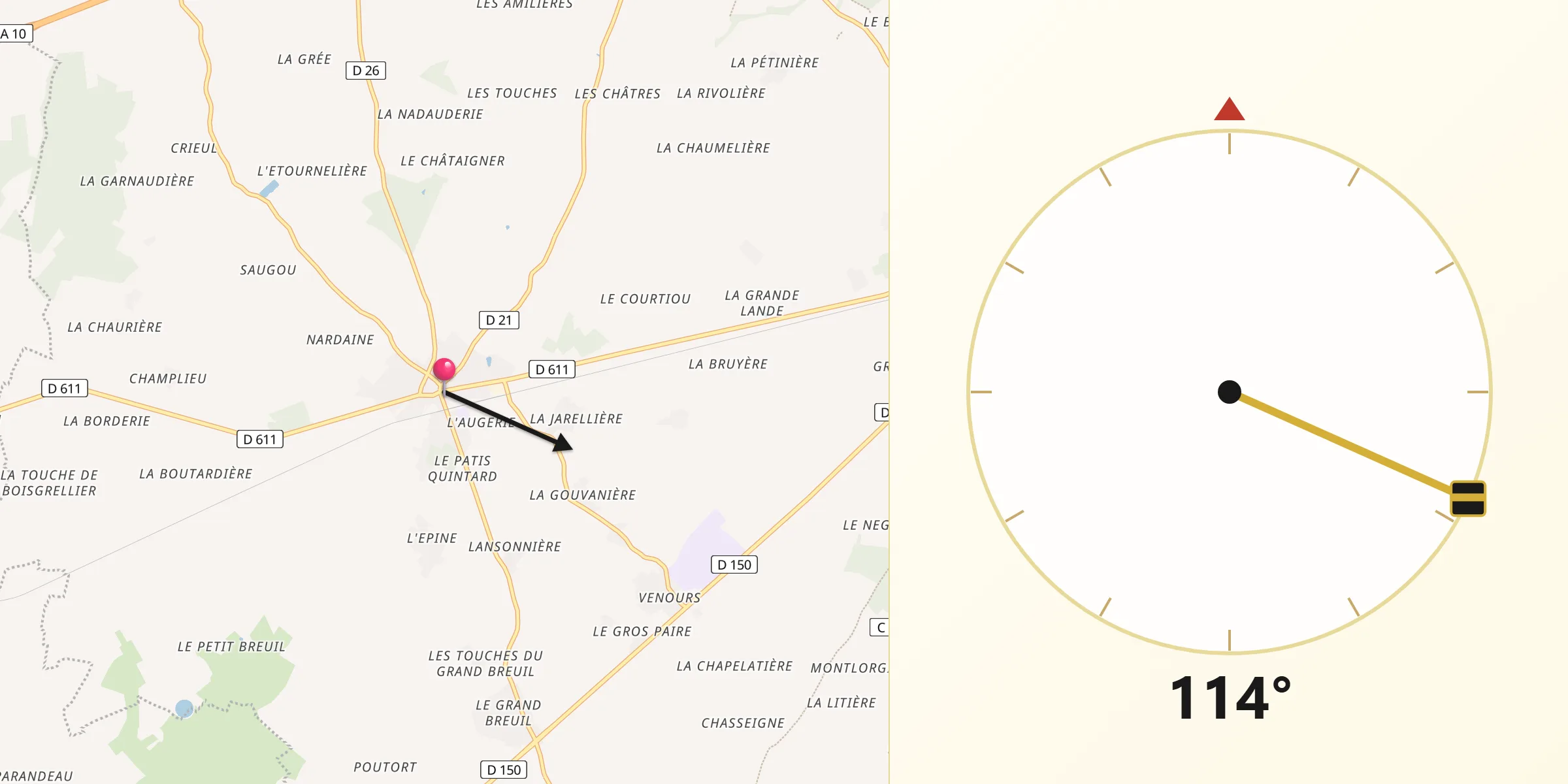 Direction vers la Qibla depuis Rouillé