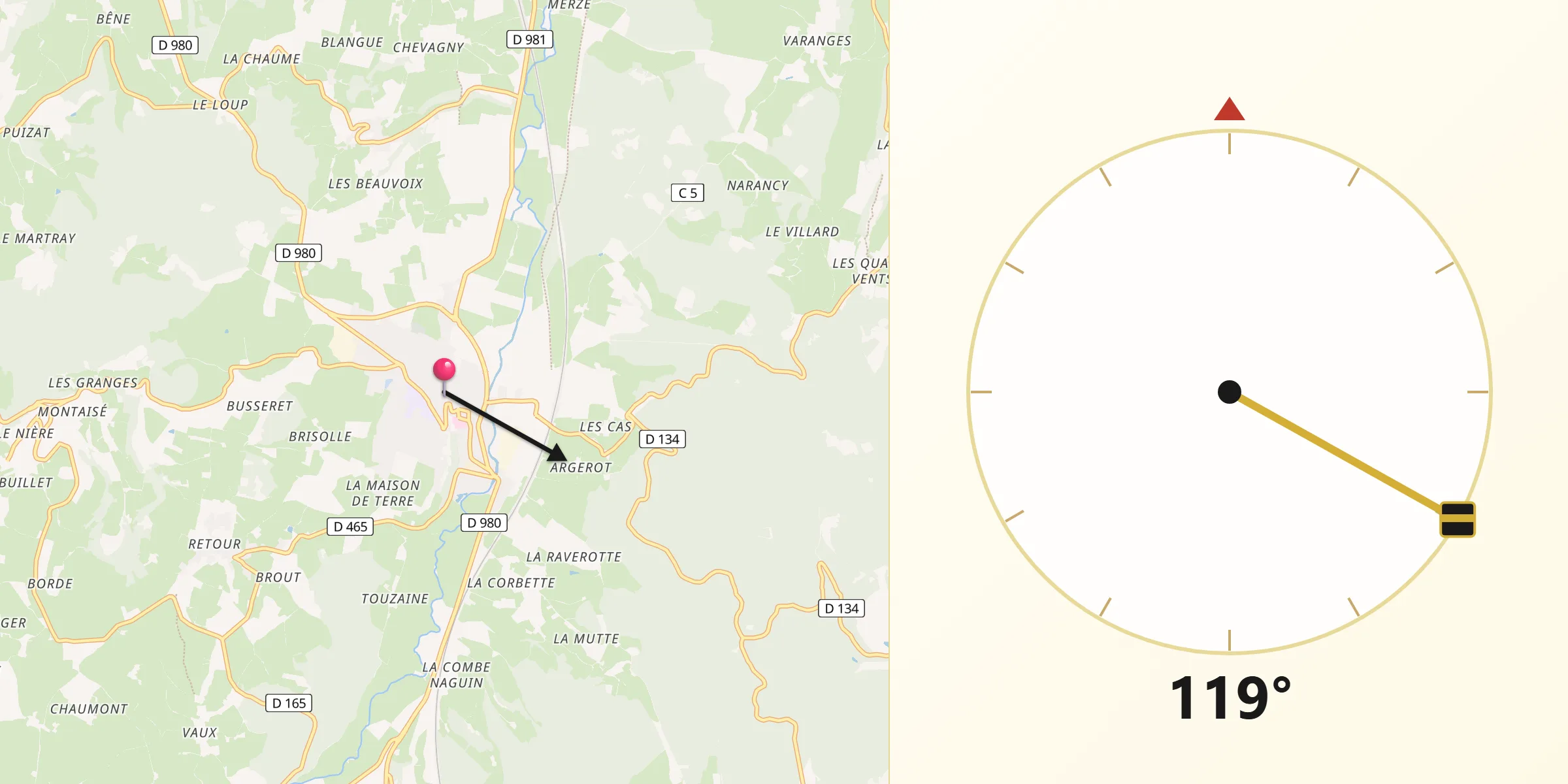 Direction vers la Qibla depuis Cluny