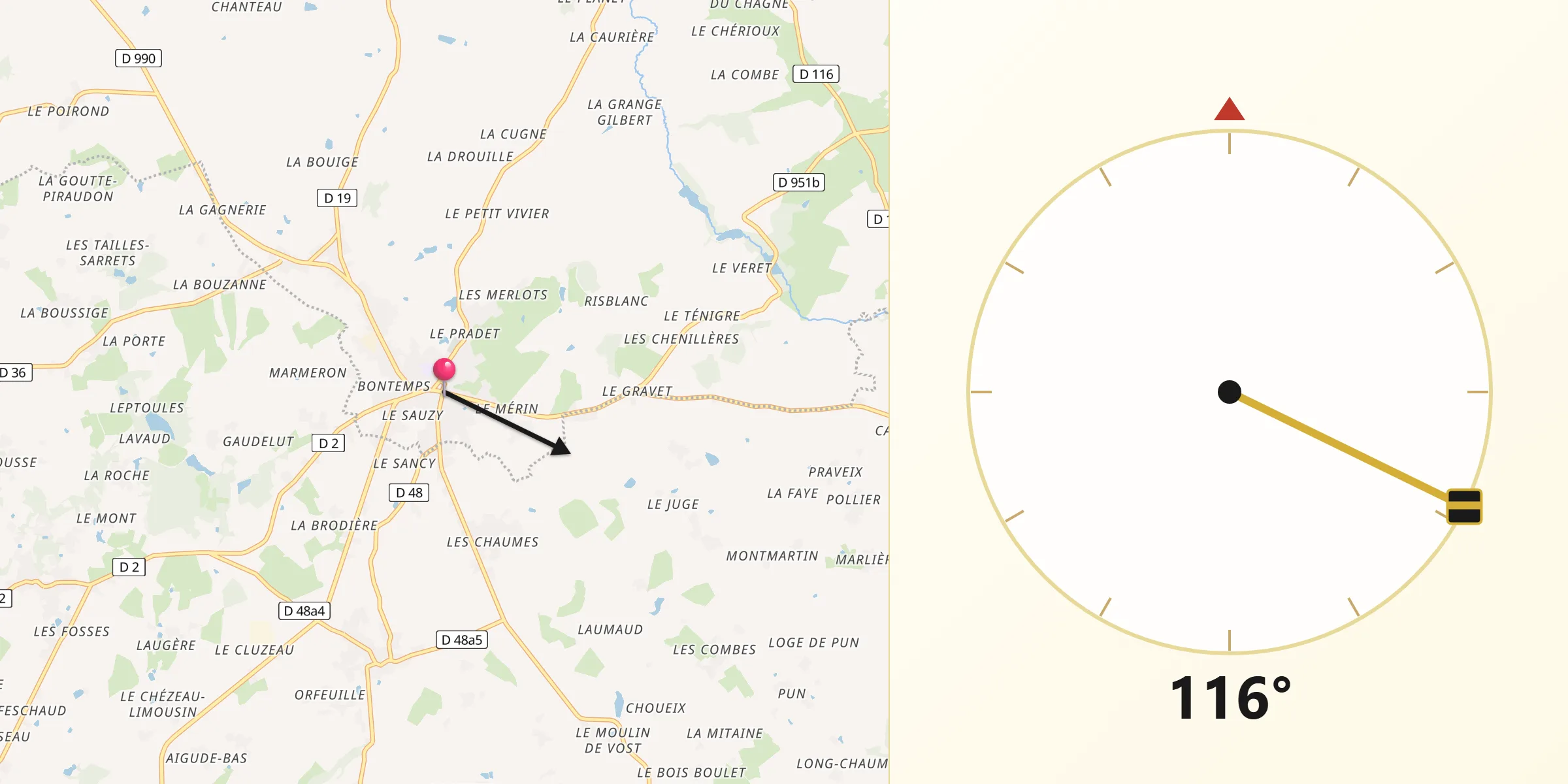 Direction vers la Qibla depuis Aigurande