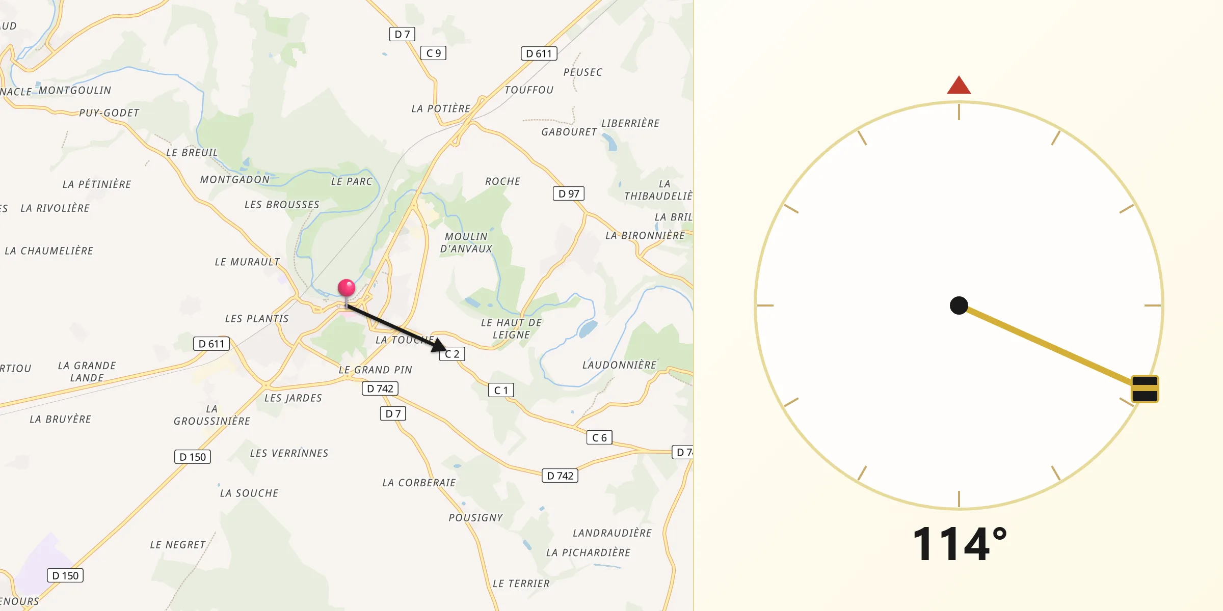 Direction vers la Qibla depuis Lusignan
