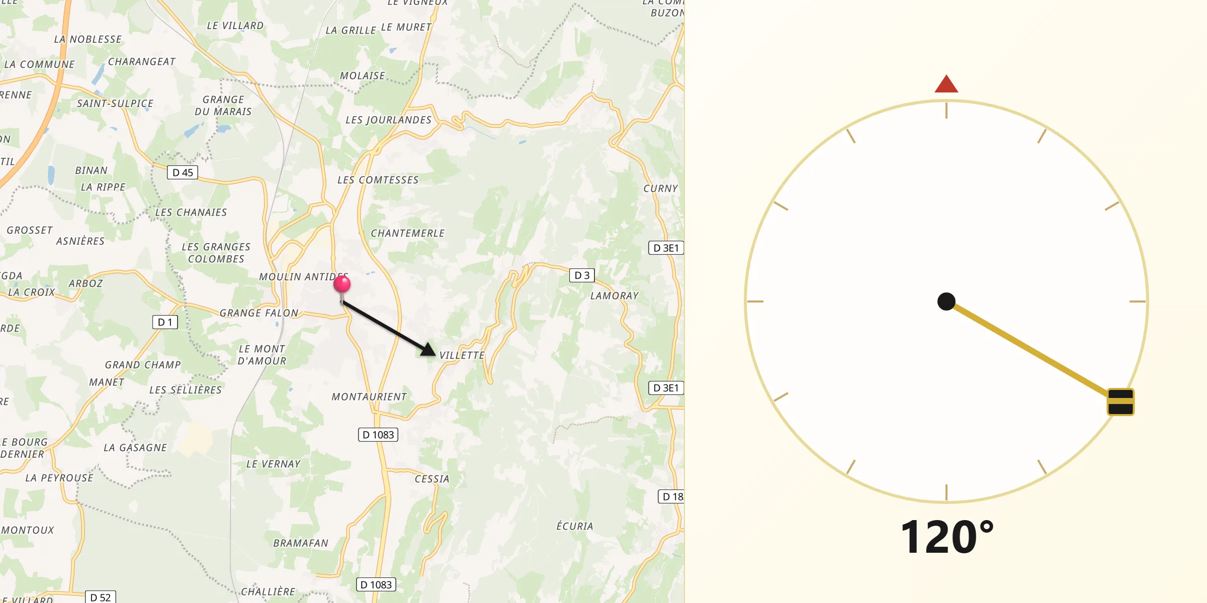 Direction vers la Qibla depuis Saint-Amour