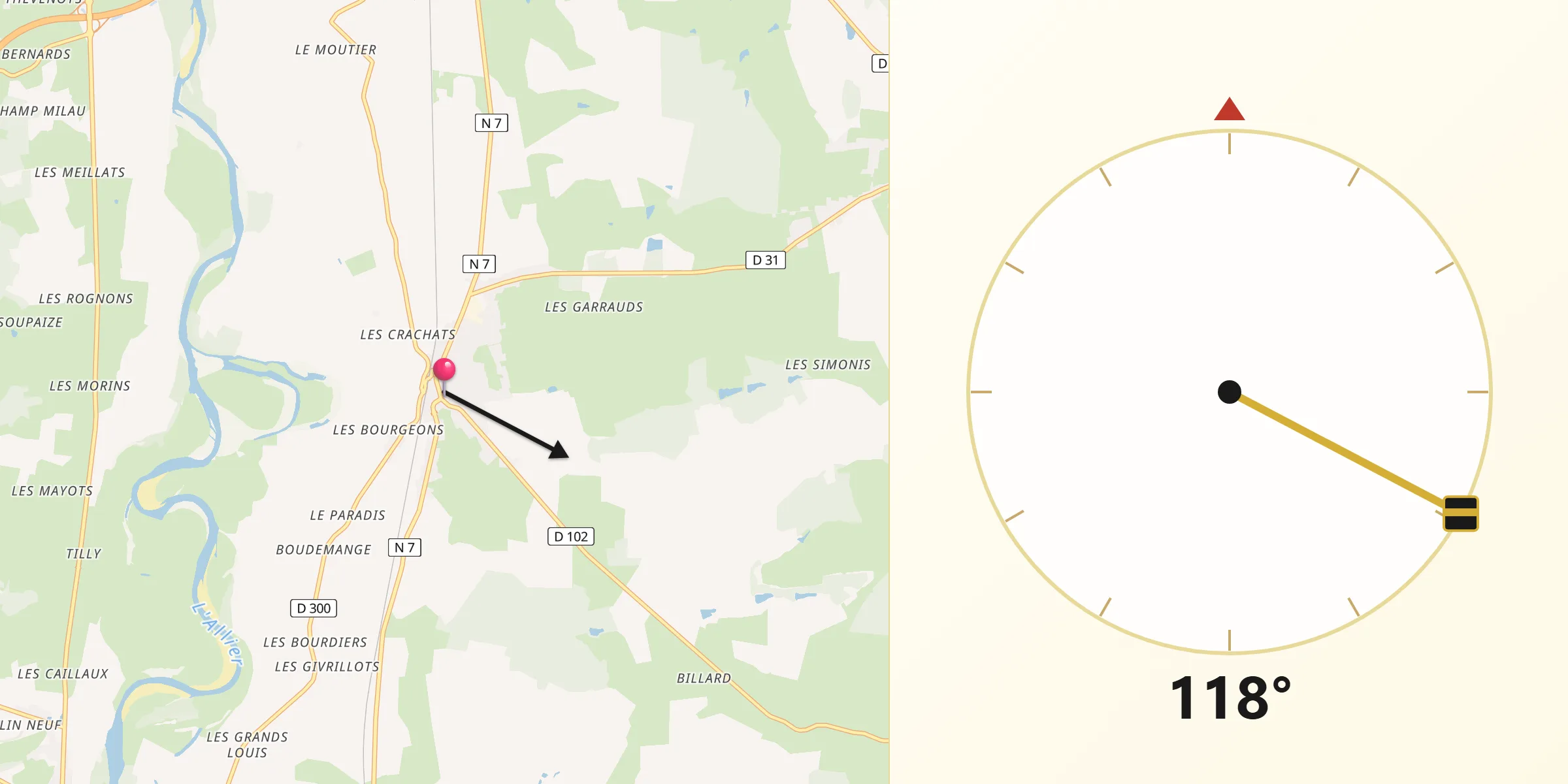 Direction vers la Qibla depuis Bessay-sur-Allier