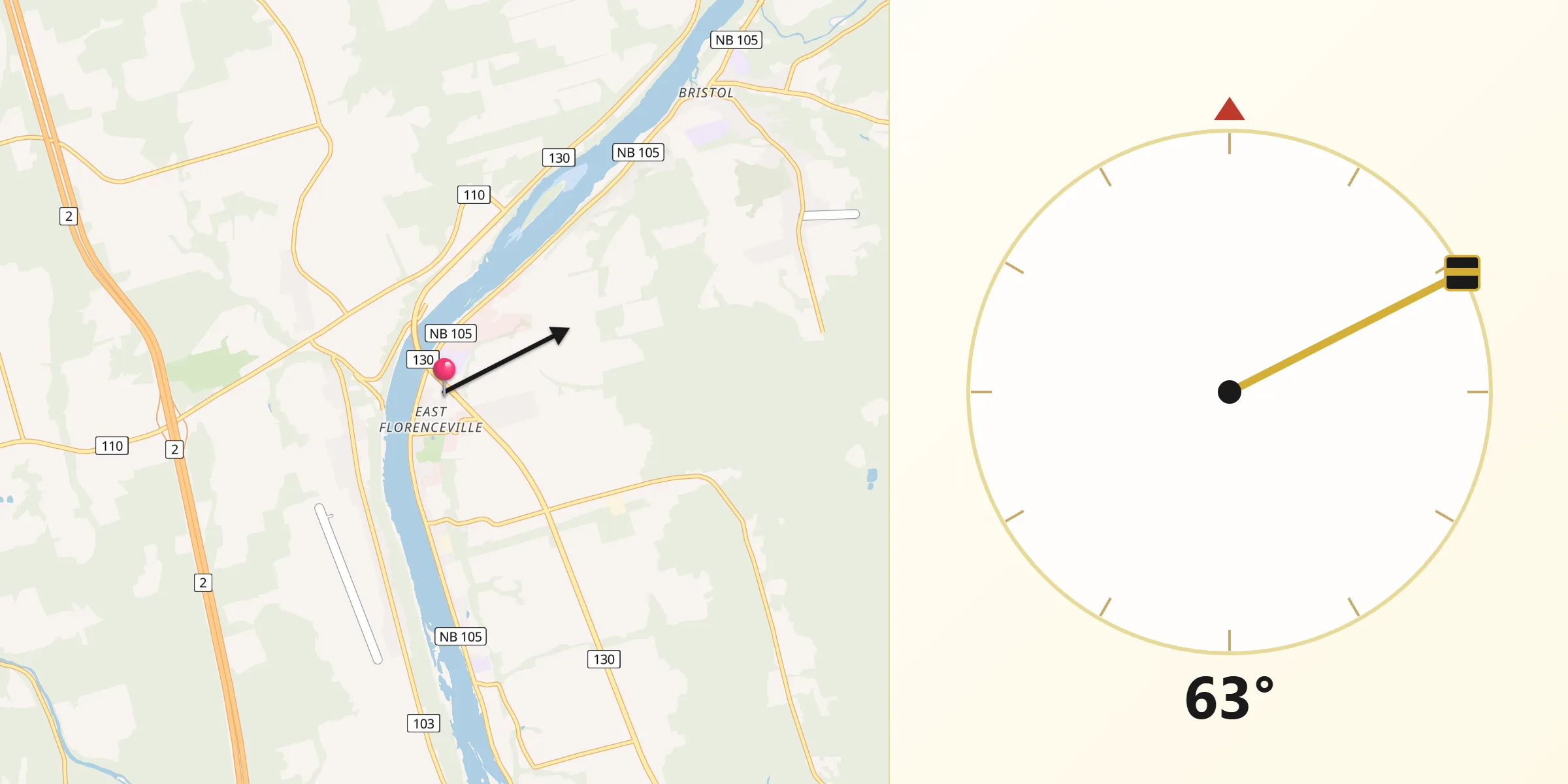 Qibla Direction from Florenceville-Bristol
