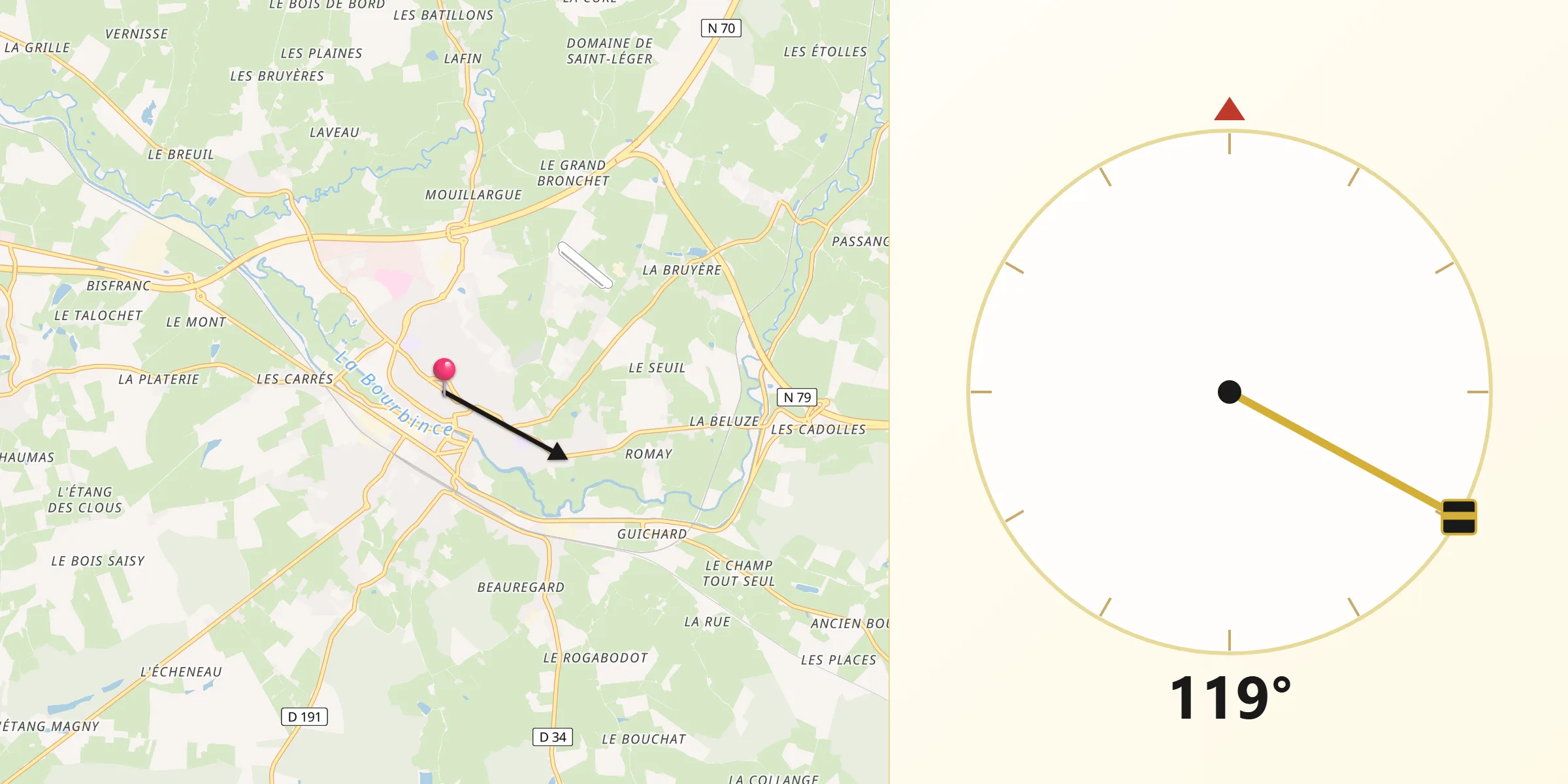 Direction vers la Qibla depuis Paray-le-Monial
