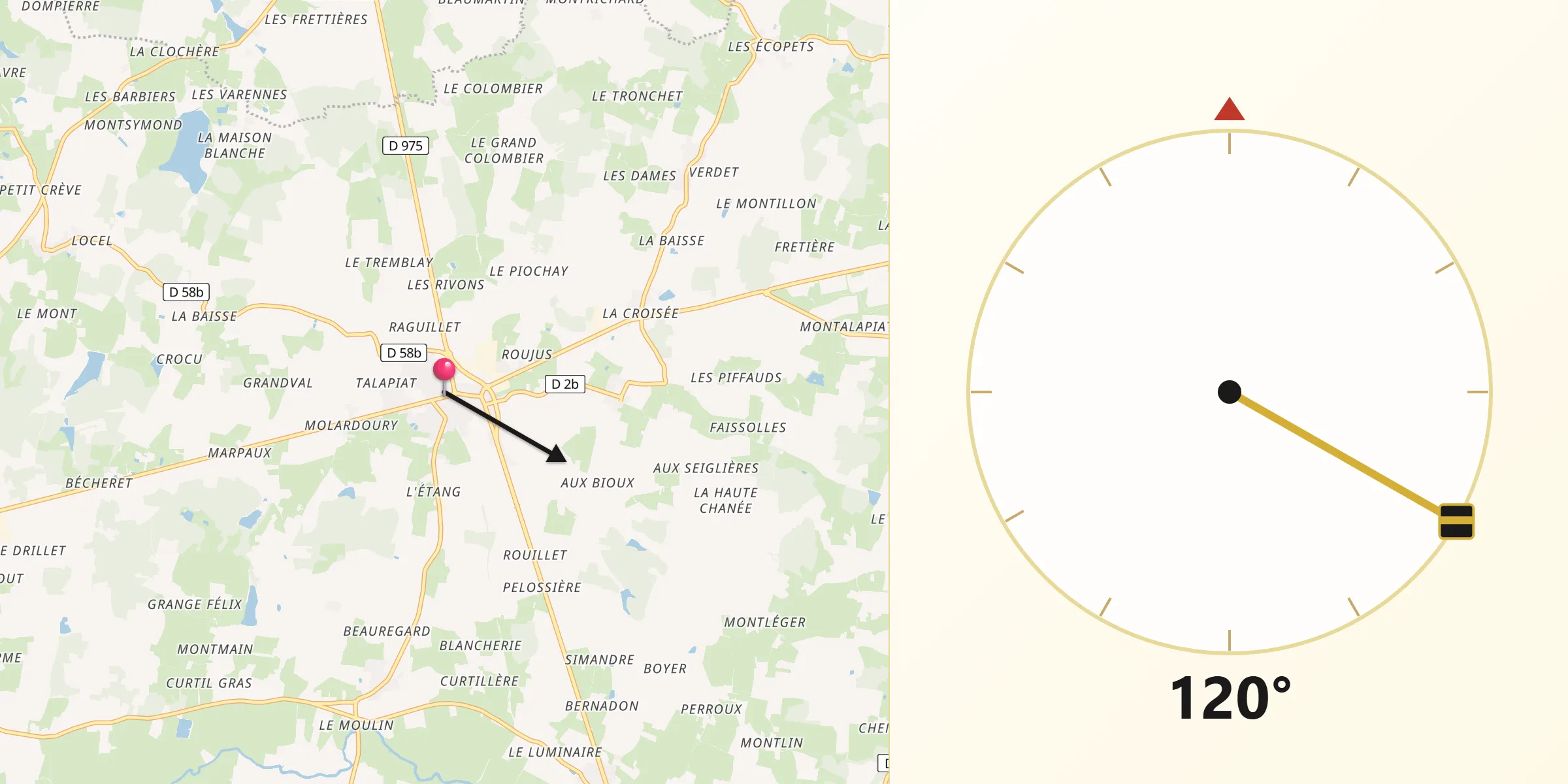 Direction vers la Qibla depuis Saint-Trivier-de-Courtes