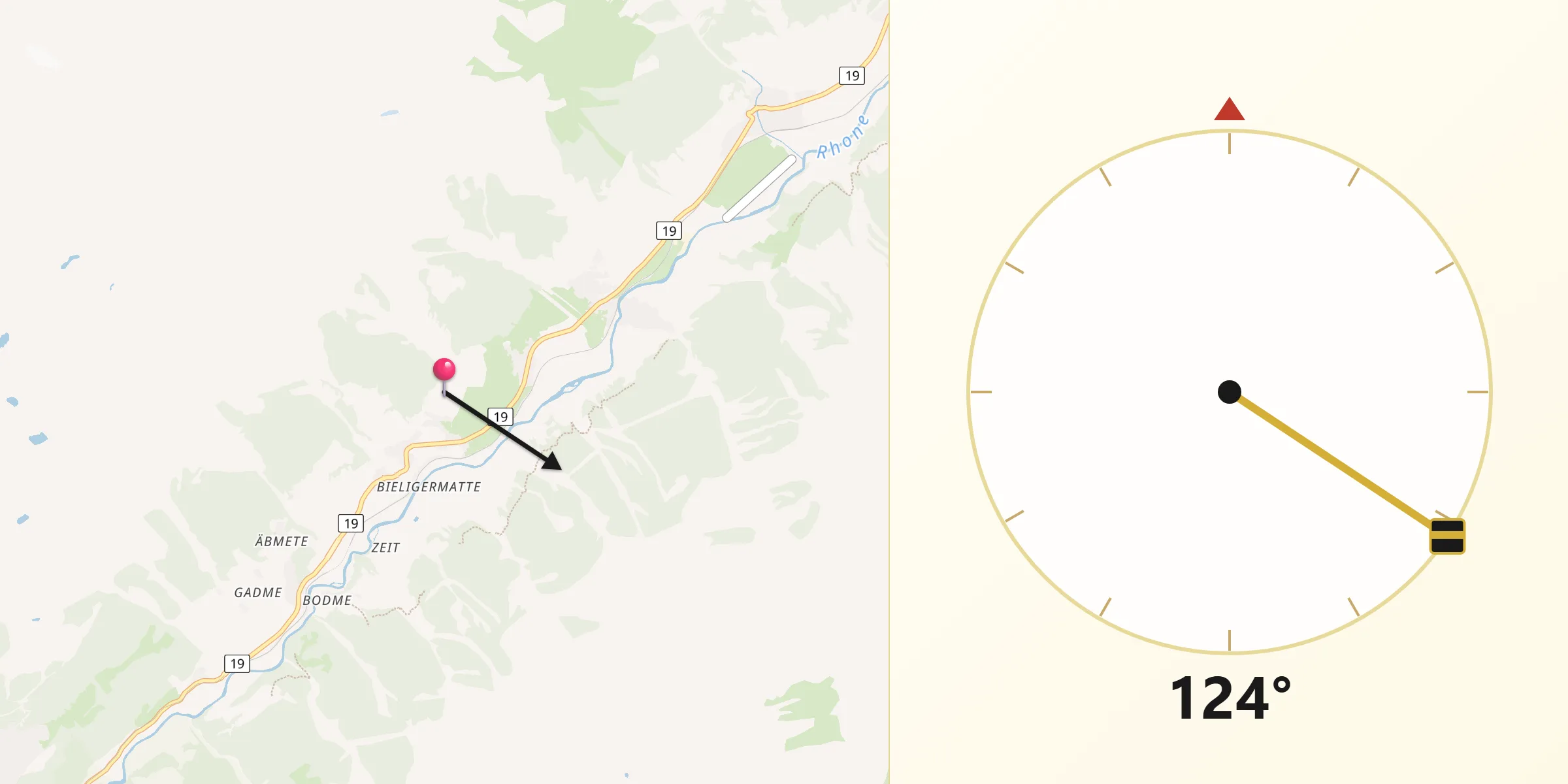 Direction vers la Qibla depuis Goms