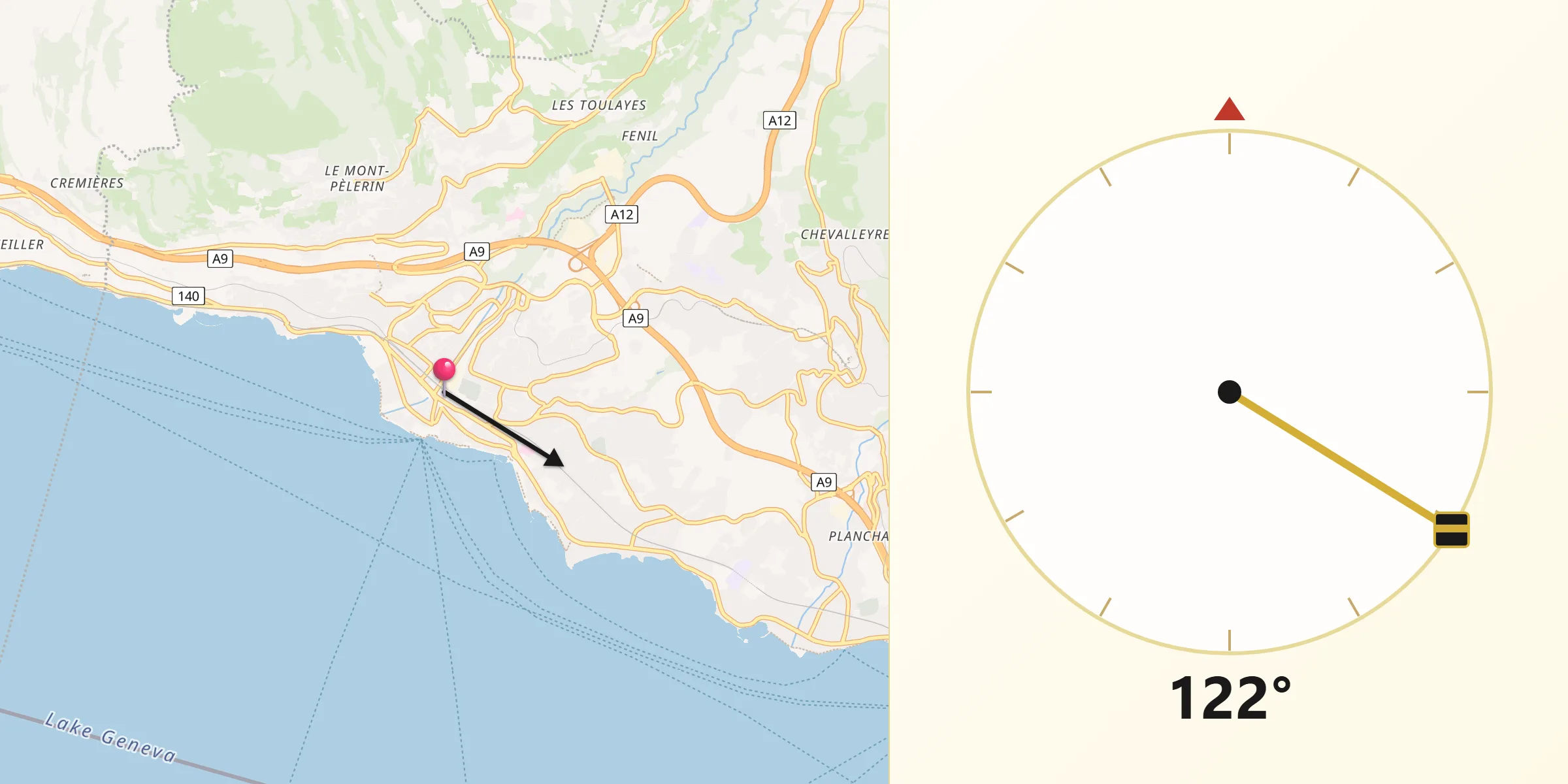Direction vers la Qibla depuis Vevey
