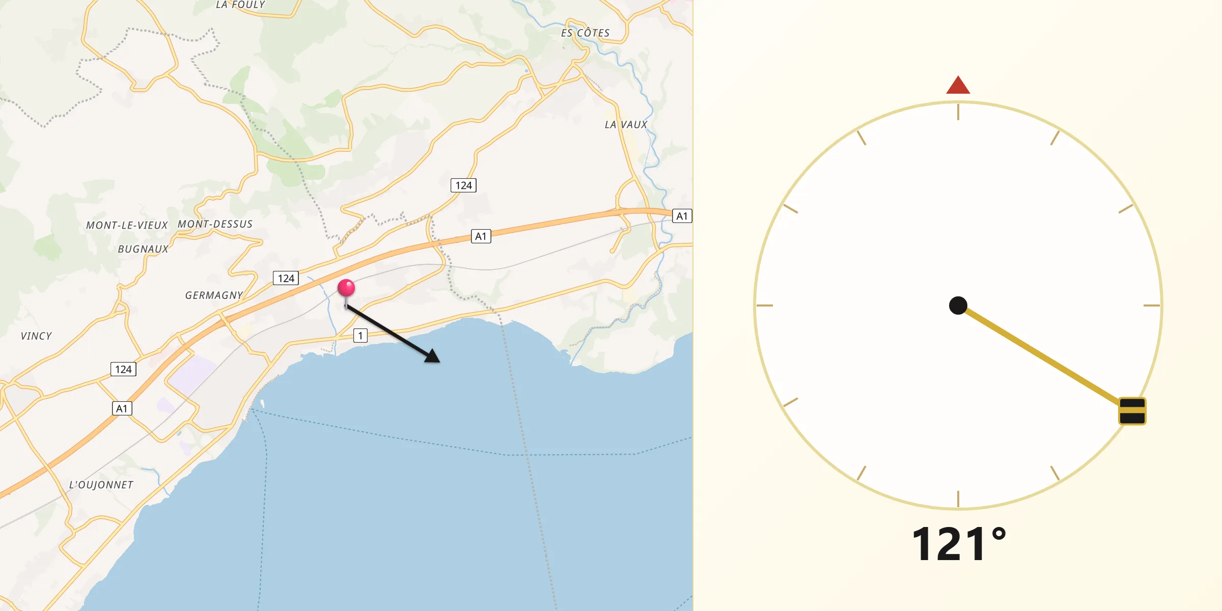 Direction vers la Qibla depuis Perroy