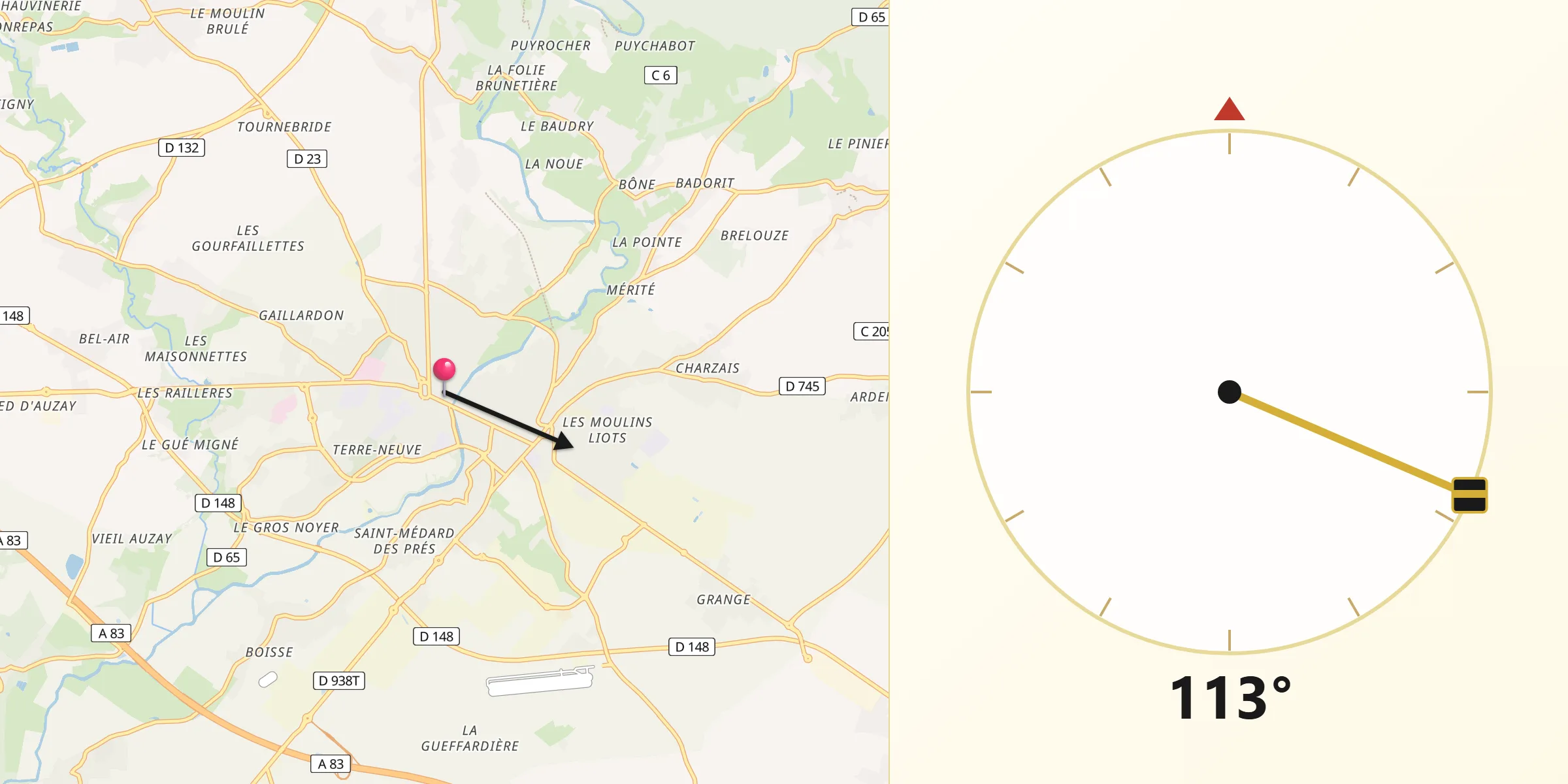 Direction vers la Qibla depuis Fontenay-le-Comte