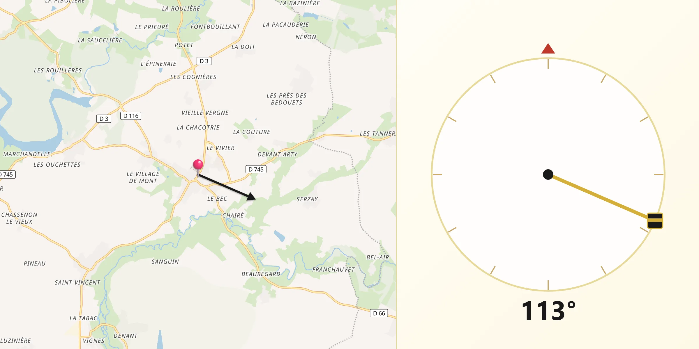 Direction vers la Qibla depuis Saint-Hilaire-des-Loges