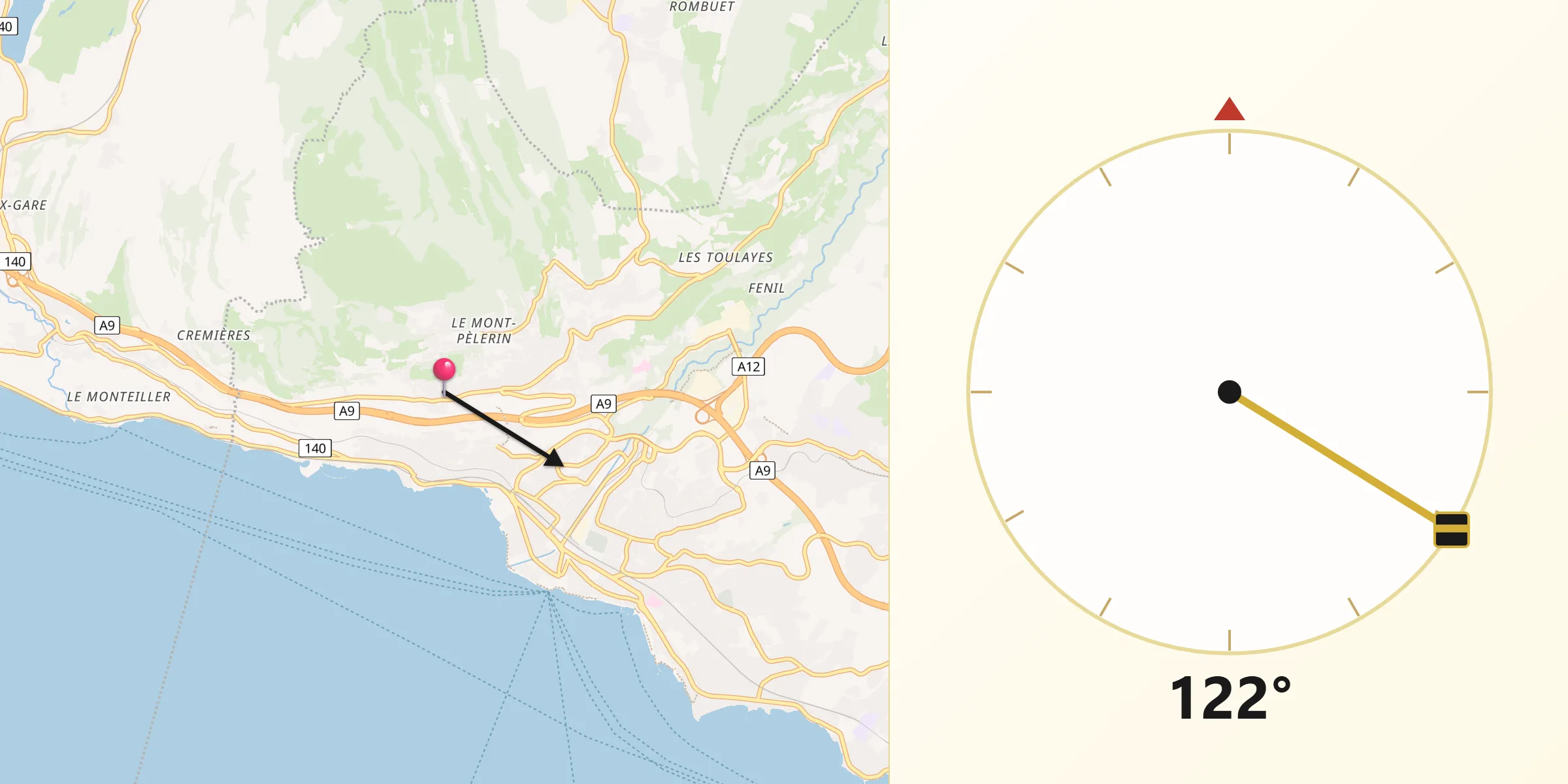 Direction vers la Qibla depuis Chardonne
