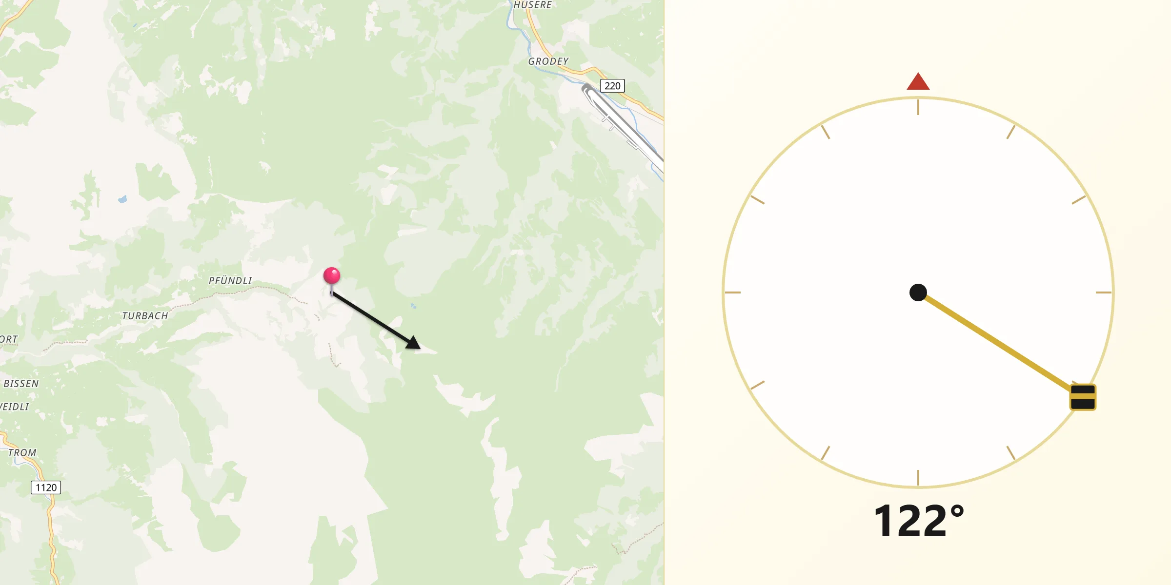 Qibla-Richtung von Obersimmental-Saanen