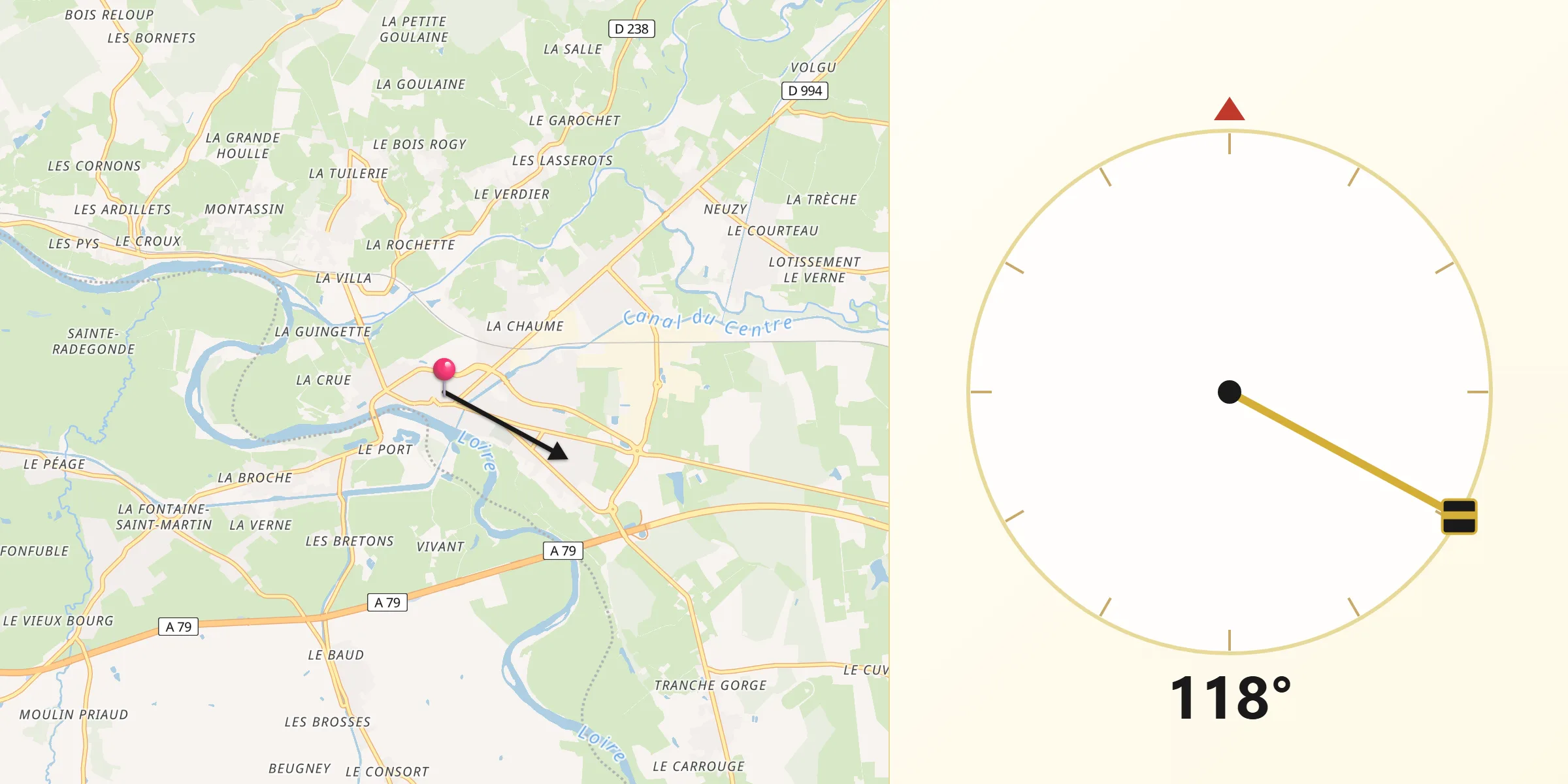 Direction vers la Qibla depuis Digoin