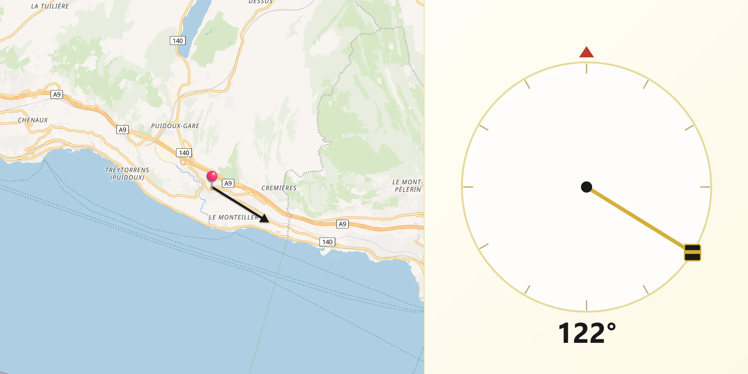 Direction vers la Qibla depuis Chexbres