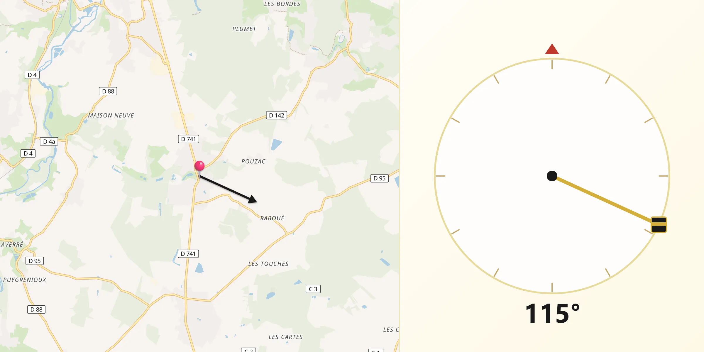 Direction vers la Qibla depuis Roches-Prémarie-Andillé