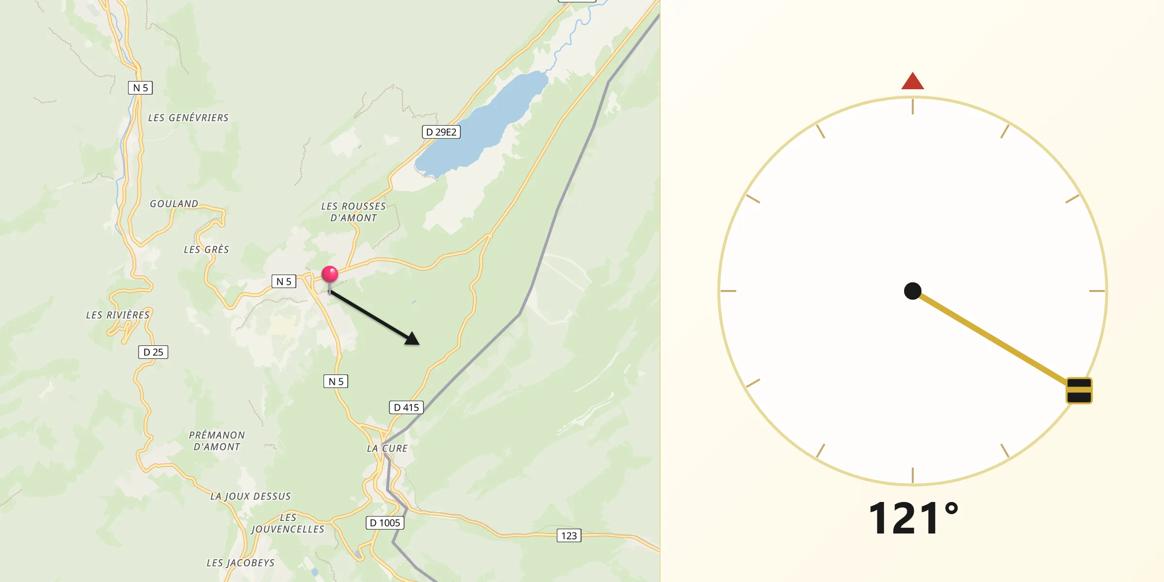 Direction vers la Qibla depuis Les Rousses