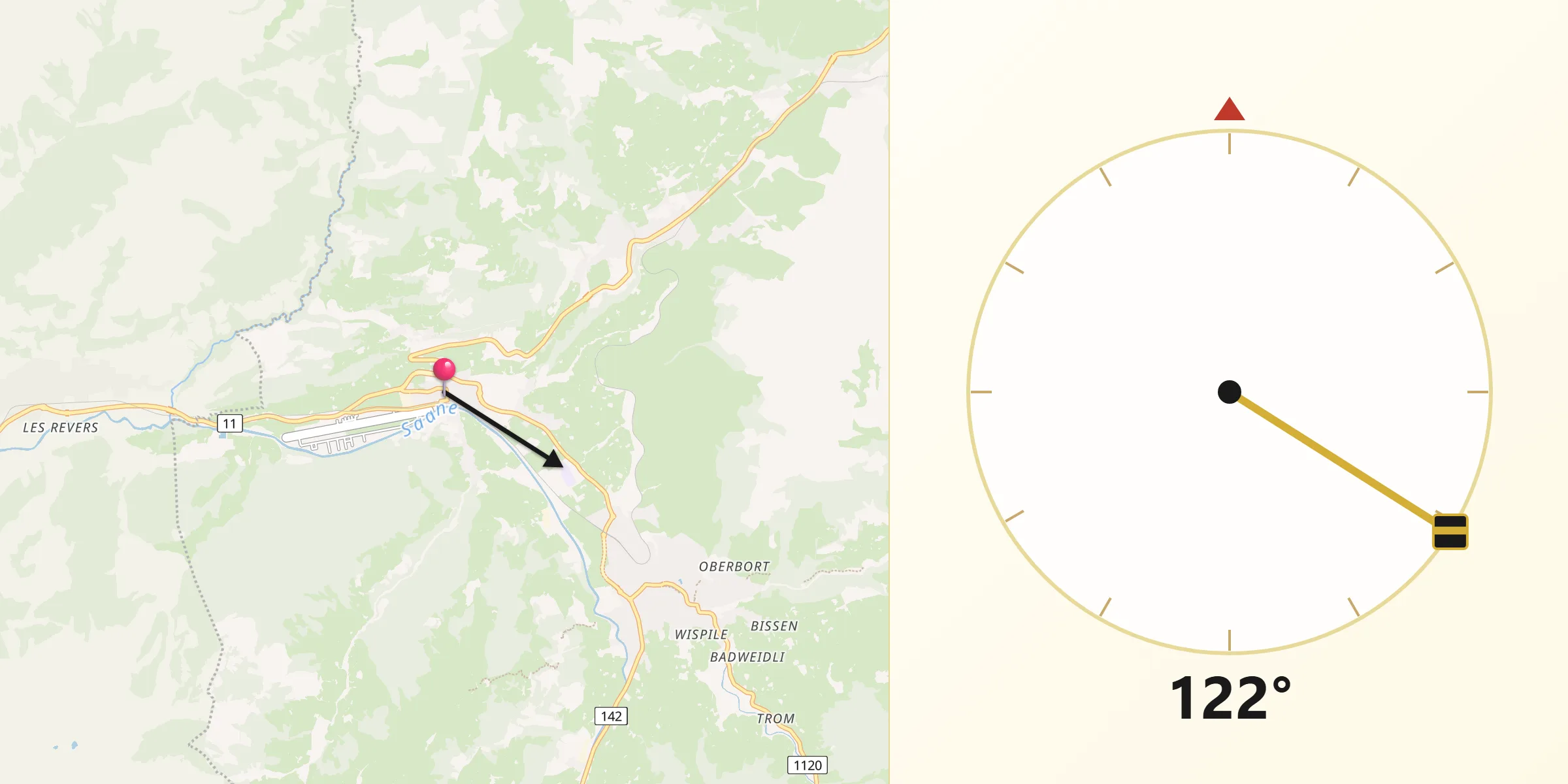 Direction vers la Qibla depuis Saanen