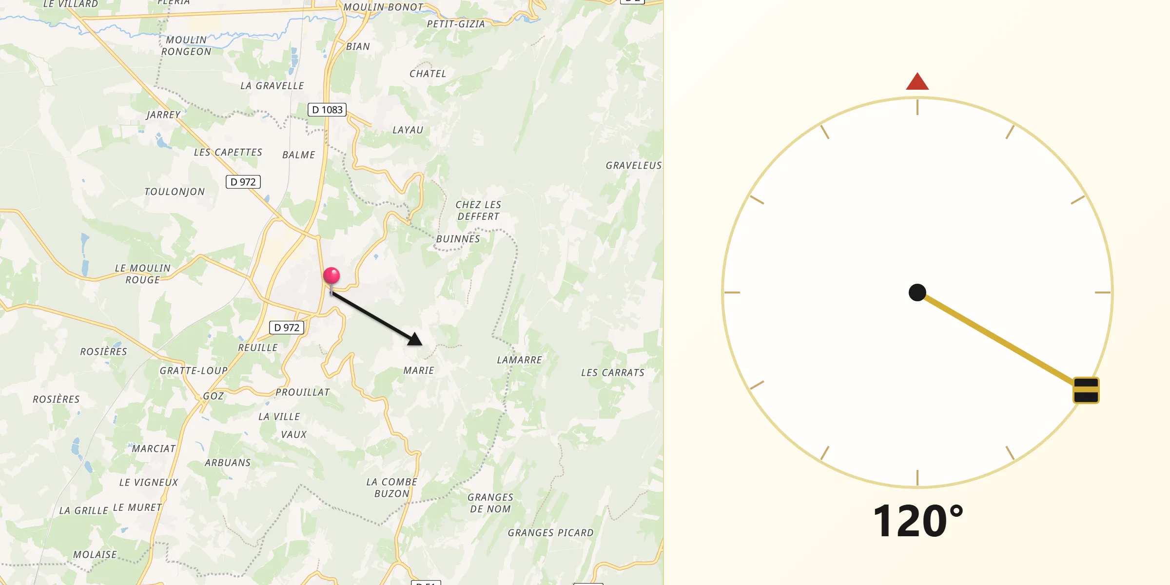 Direction vers la Qibla depuis Cuiseaux