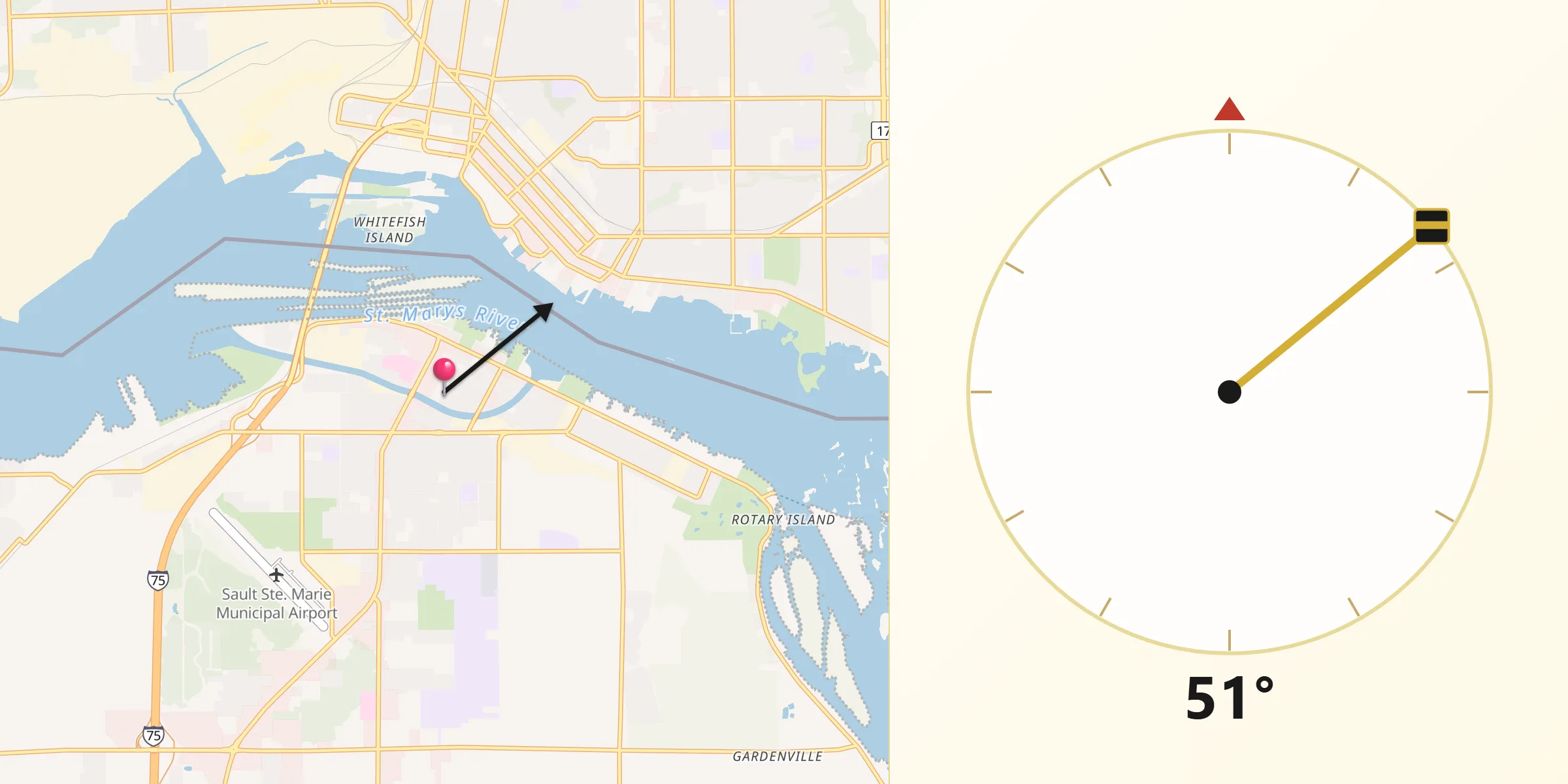 Qibla Direction from Sault Ste. Marie