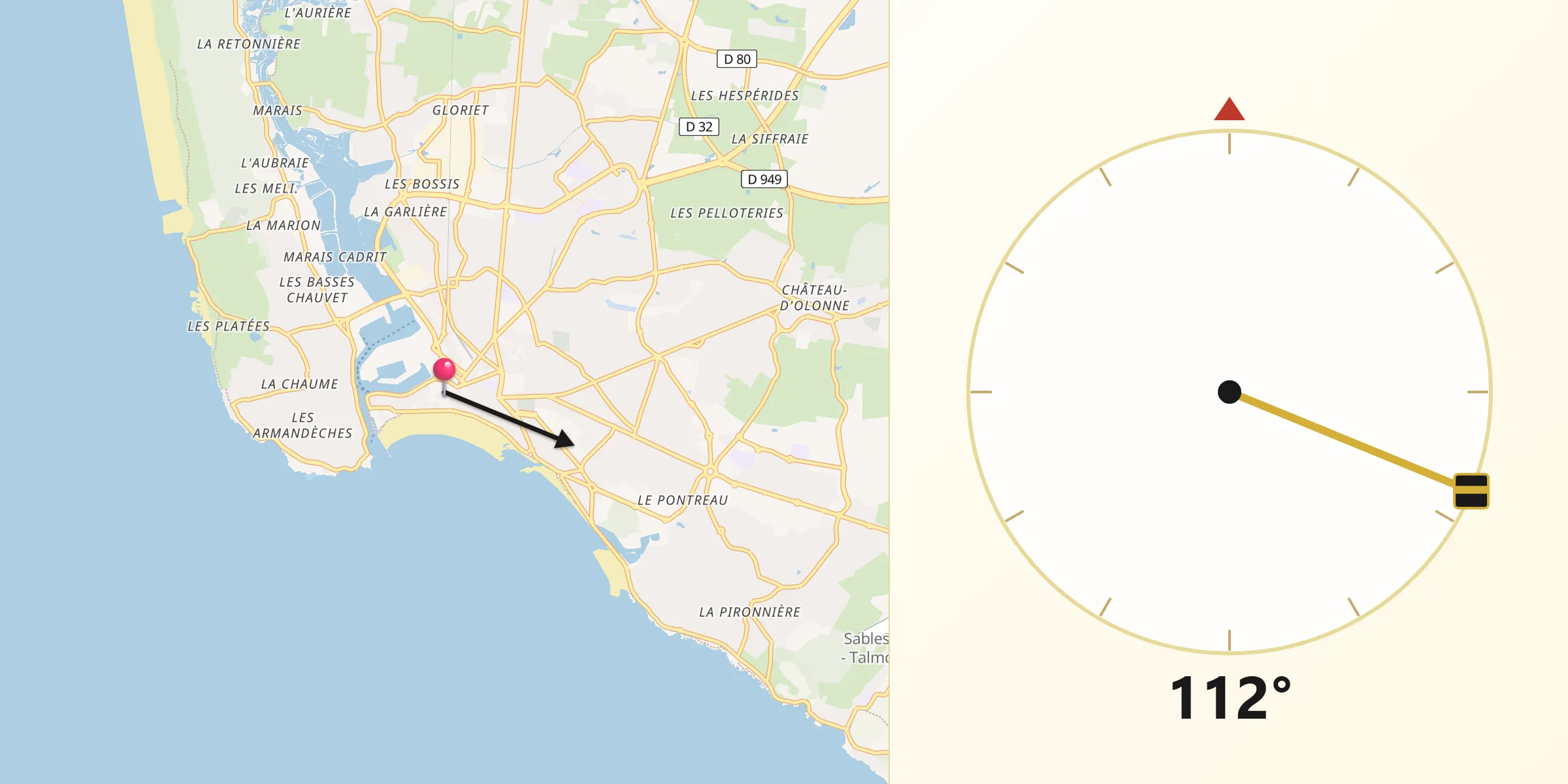 Direction vers la Qibla depuis Les Sables-d’Olonne