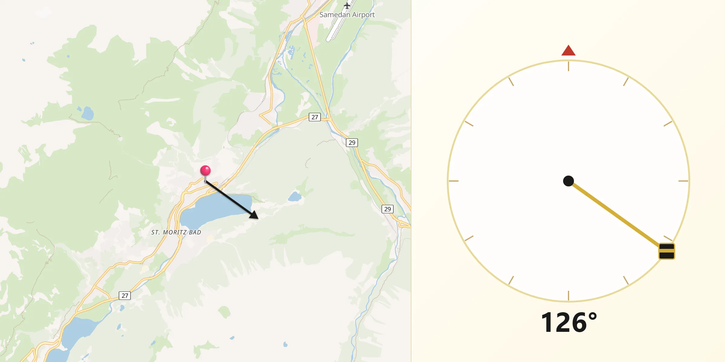 Direction vers la Qibla depuis Saint-Moritz