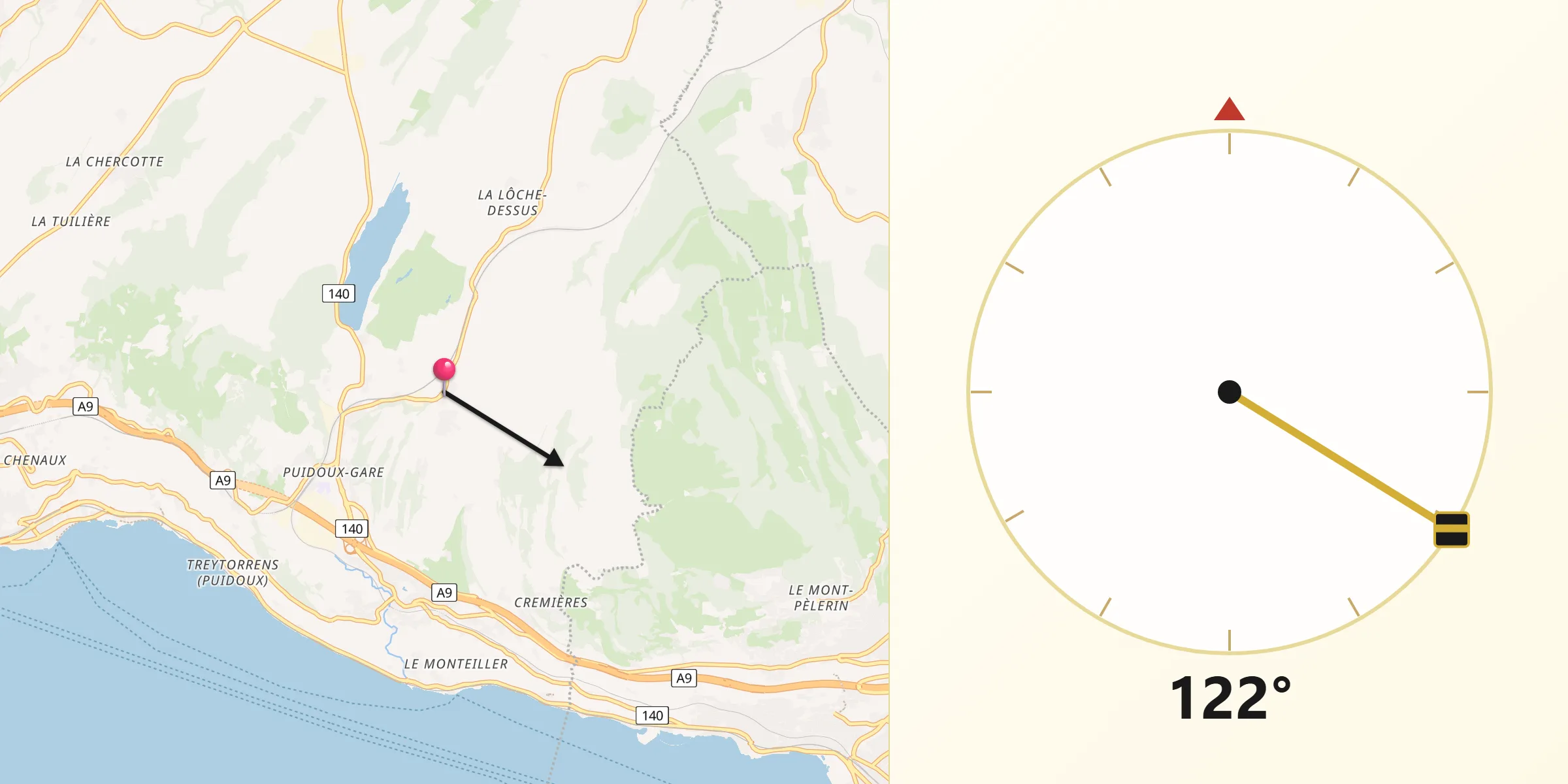Direction vers la Qibla depuis Puidoux