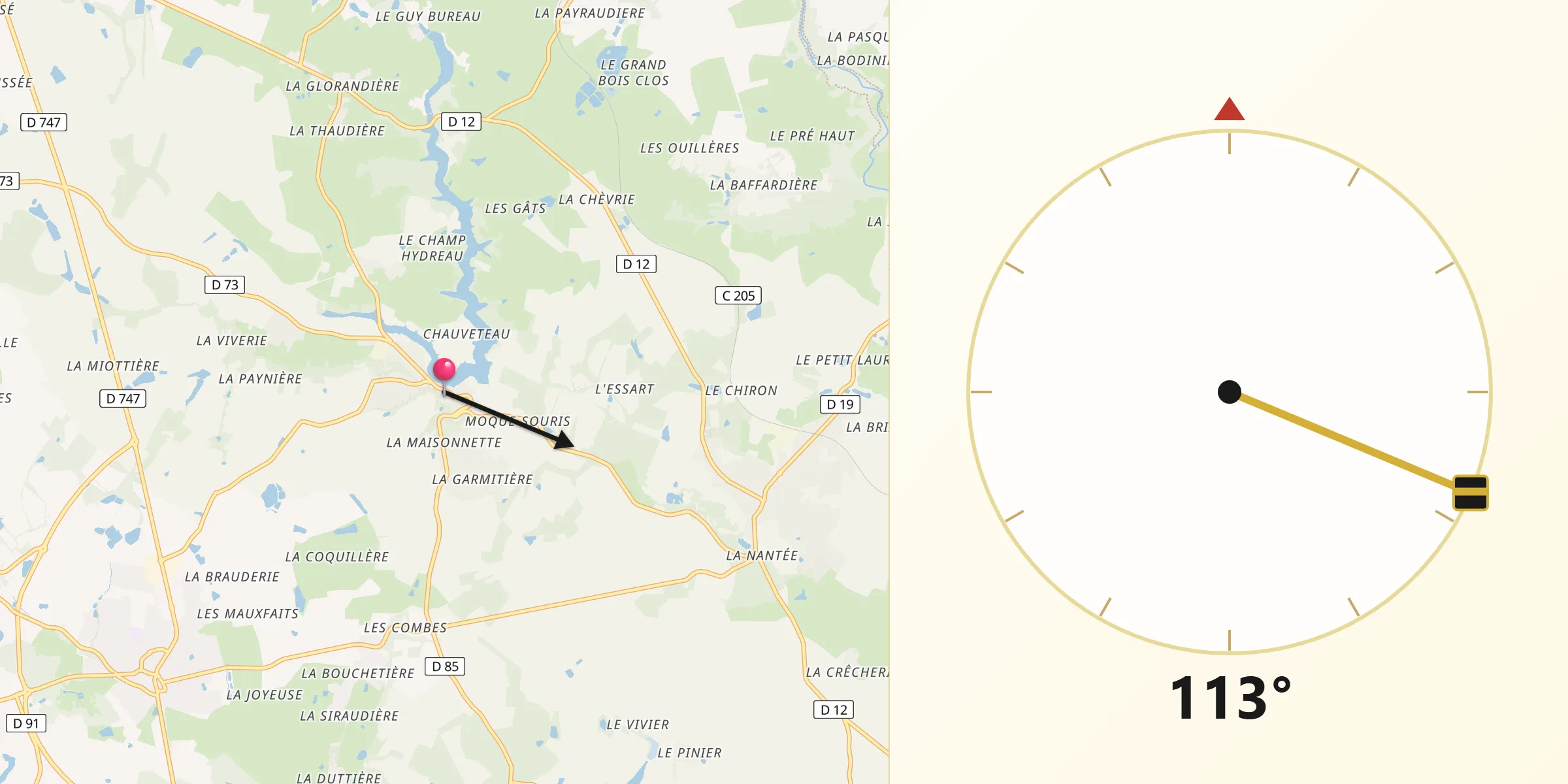 Direction vers la Qibla depuis Saint-Vincent-sur-Graon