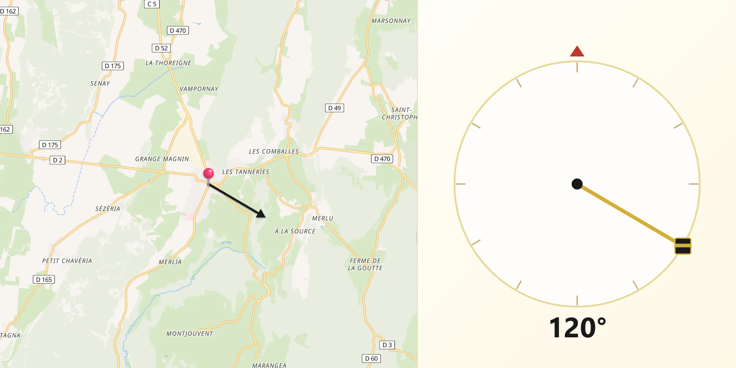 Direction vers la Qibla depuis Orgelet