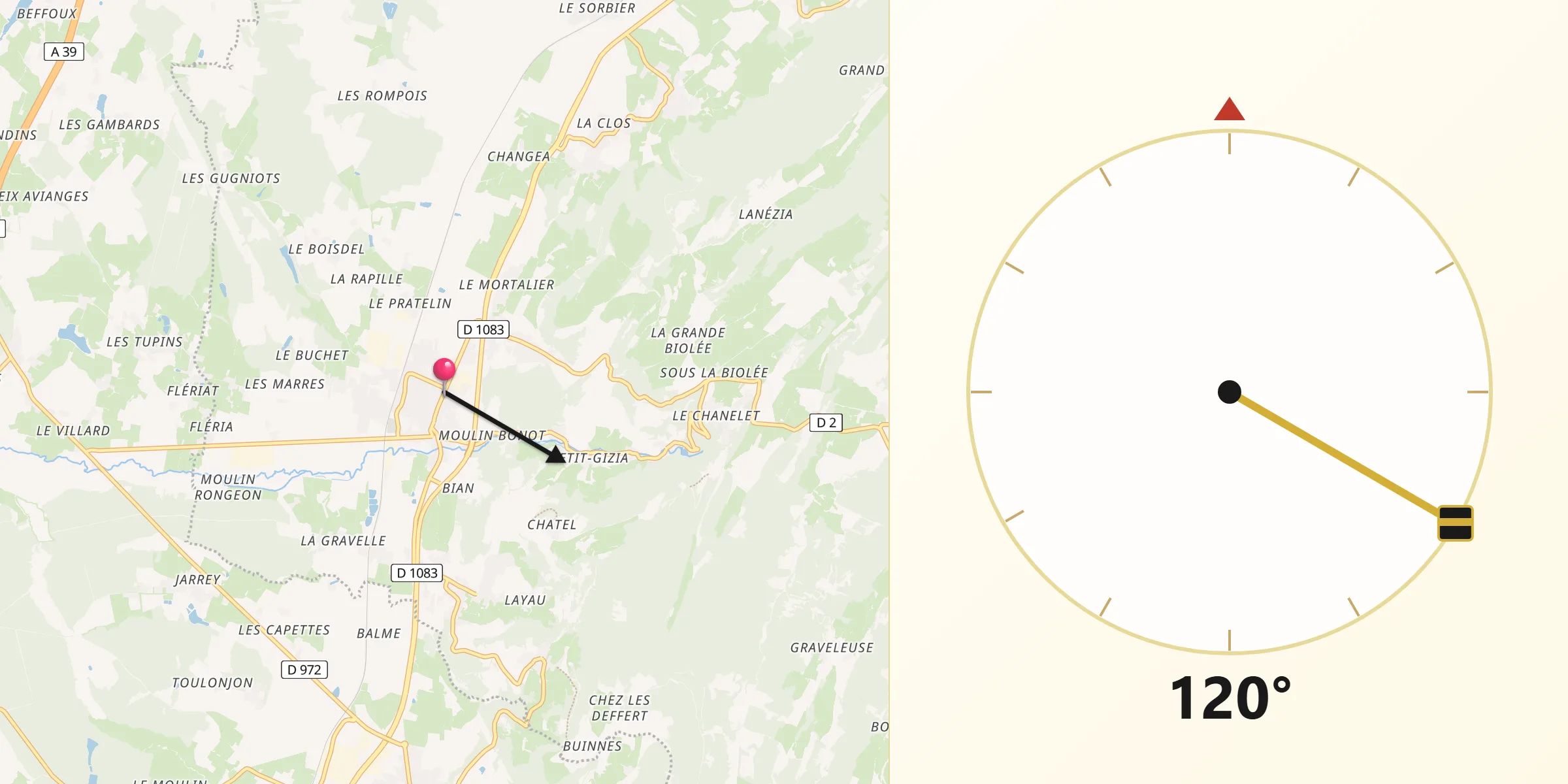 Direction vers la Qibla depuis Cousance