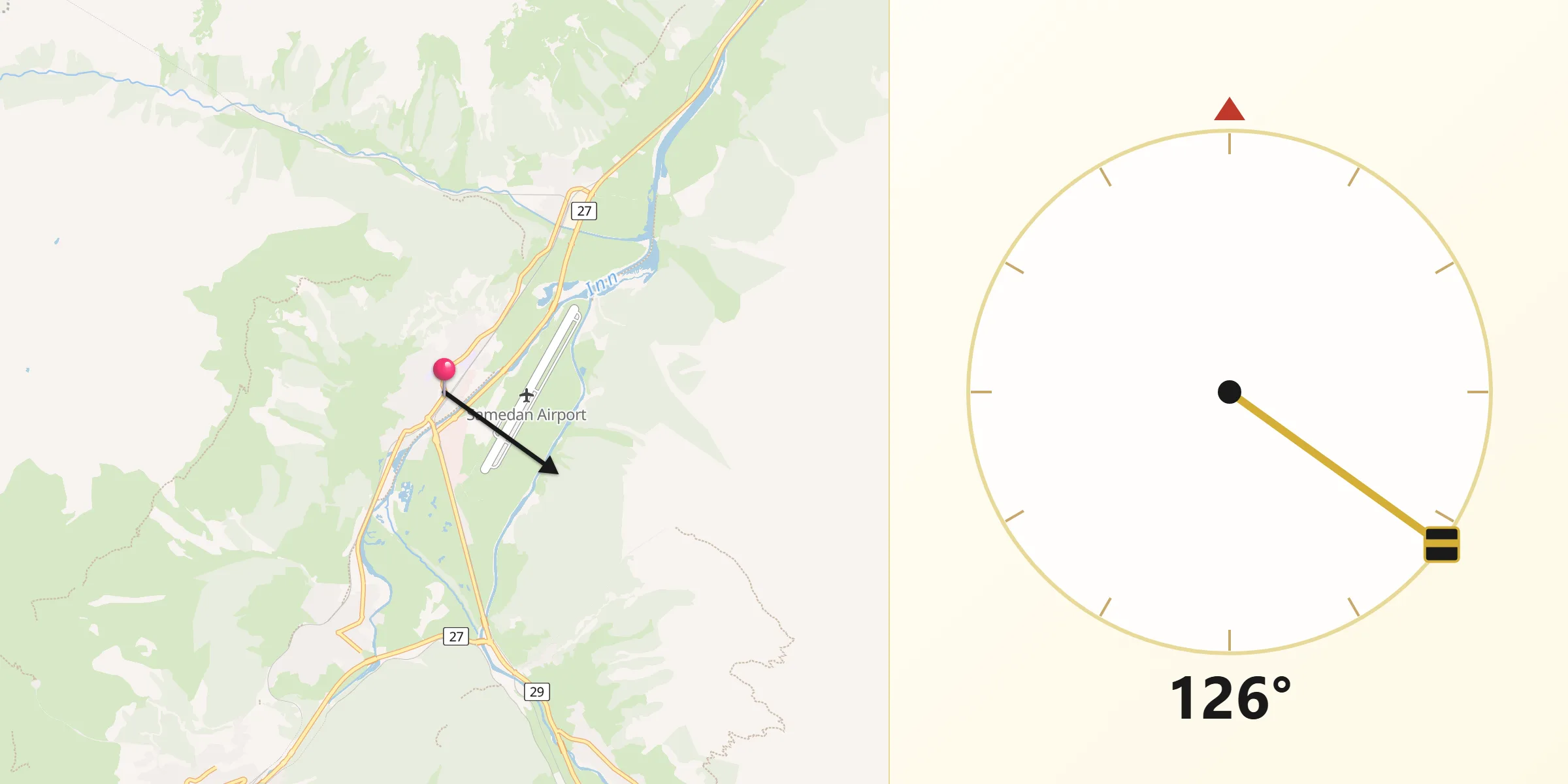 Direction vers la Qibla depuis Samedan