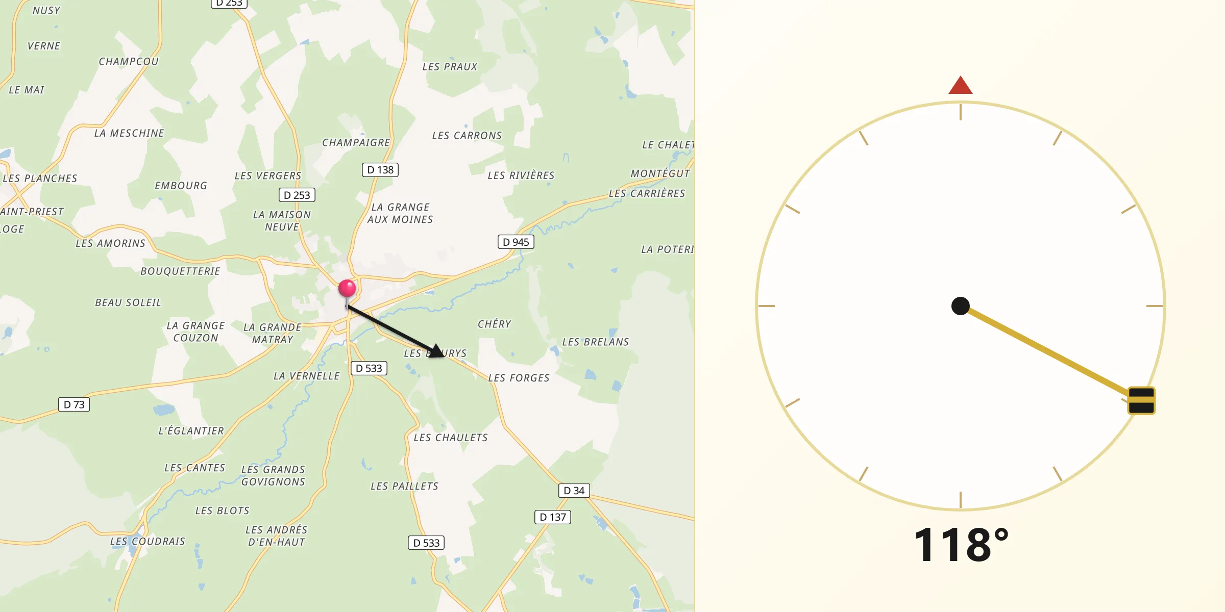 Direction vers la Qibla depuis Souvigny