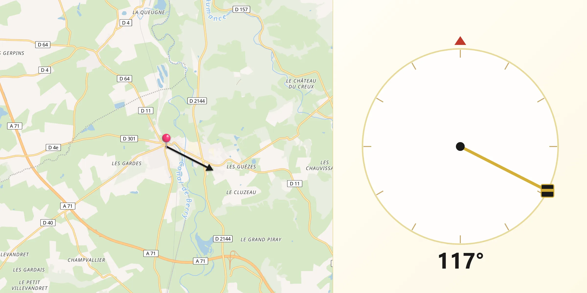 Direction vers la Qibla depuis Vallon-en-Sully