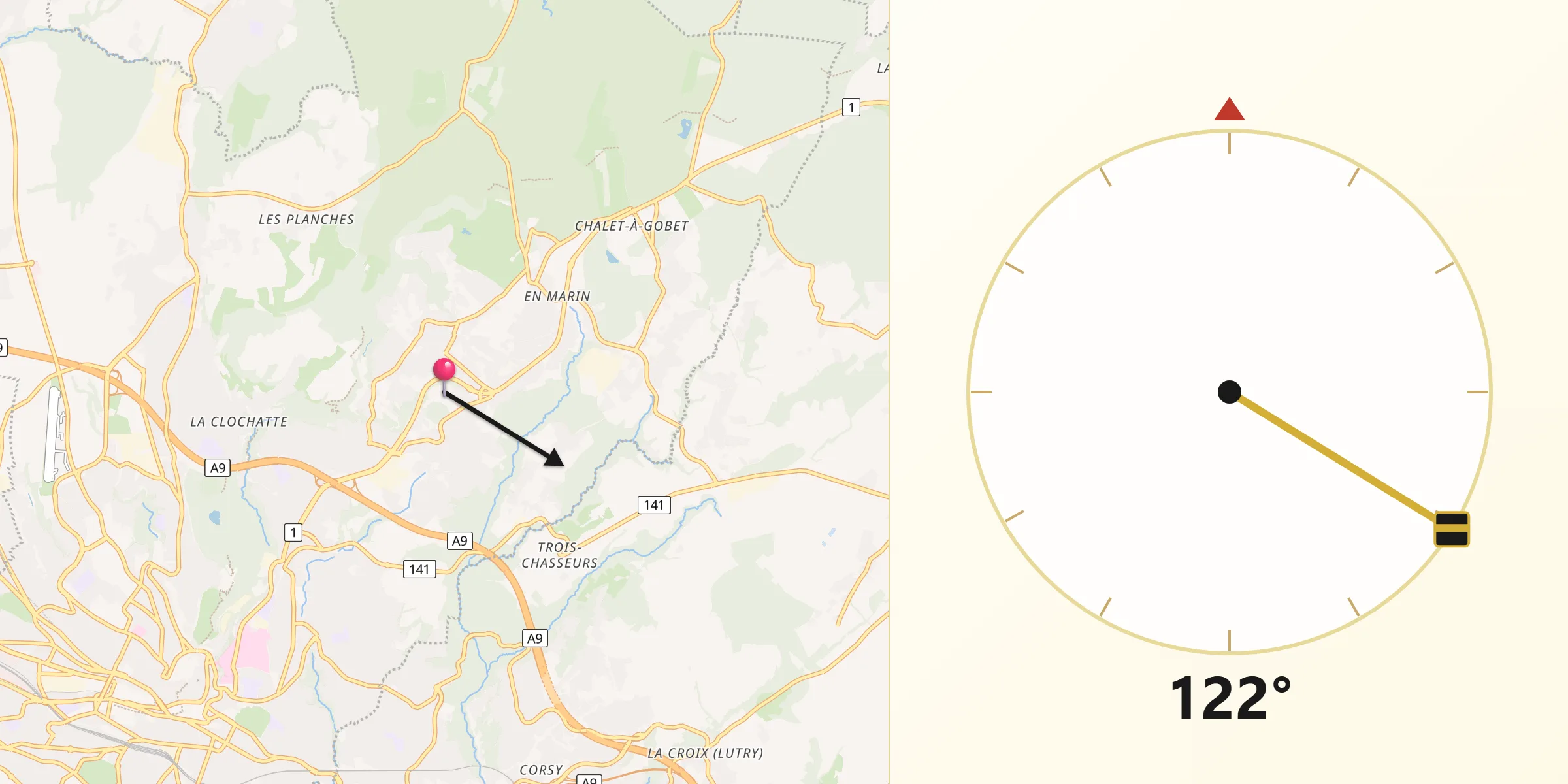 Direction vers la Qibla depuis Epalinges