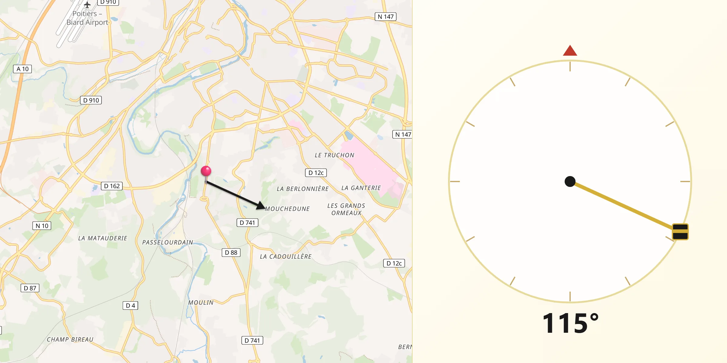 Direction vers la Qibla depuis Saint-Benoît